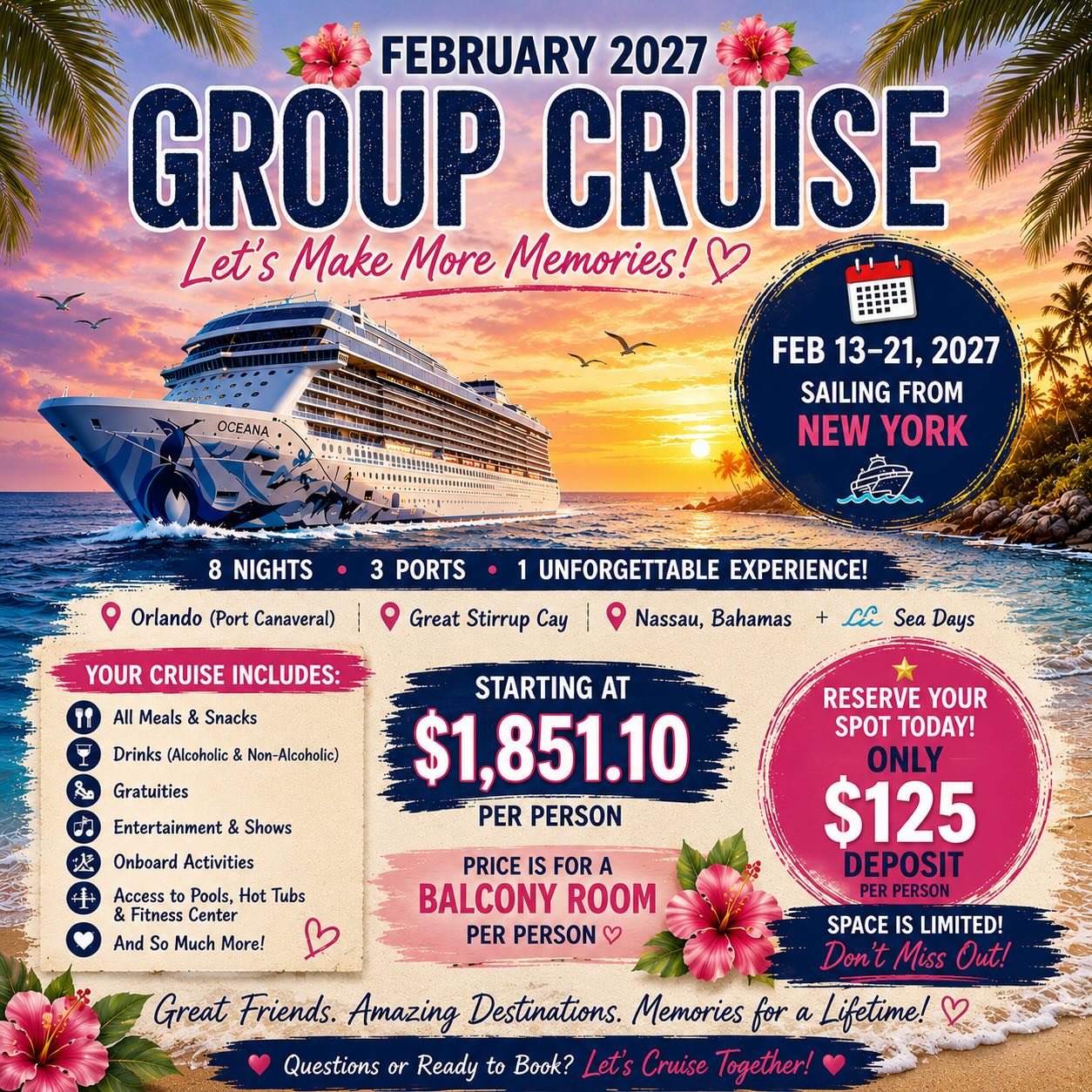 We still have availability for our group cruise! I have balconies available discounted but can pull any category into my group :) We also have room on the bus and pre cruise hotel :) Spots are filling up so if you are thinking about it now is the time to book! Final payment isn’t due until October so you have time to save :) #norwegiancruiseline #norwegian #valleyviewtravels #winterbreak2027