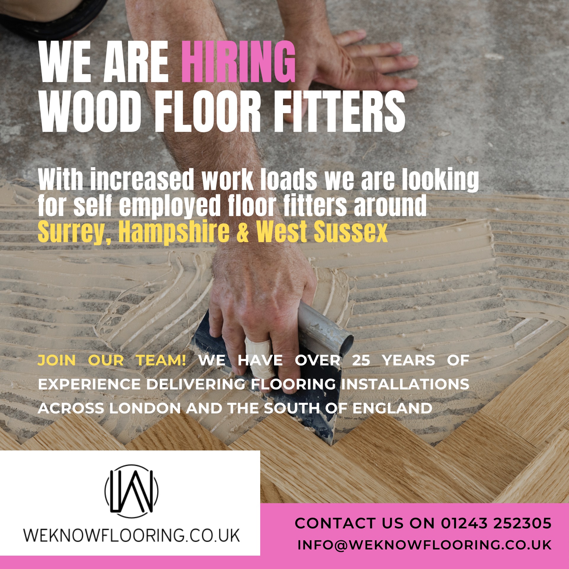 We are hiring self-employed floor fitters to work with us!
If you can install all types of wood flooring to a good level and have a CSCS blue card, working initially on a sub-contract basis, please get in touch!
info@weknowflooring.co.uk
#flooring #woodflooring #contractor #builder