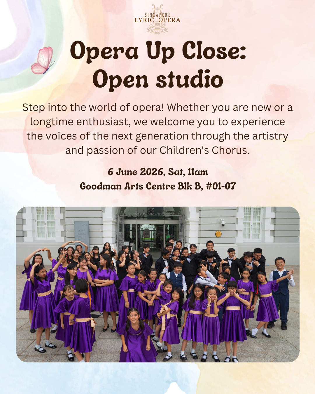 Curious about the Singapore Lyric Opera Children's Chorus?
This June, we invite young singers and their families to discover what makes our chorus such a special place to learn, grow, and make music together.
Come on by this weekend for our Open Studio, where you and your children can experience firsthand how our Children's Chorus session is conducted.
Then, for those inspired to take the next step, auditions for our Children's Chorus will be held the following week. Sign up through the link in our bio
Whether your child is taking their very first steps into music or already loves to sing, this is a wonderful opportunity to explore, experience, and perhaps begin a new musical journey with us.
📍 Opera Up Close: Open Studio
🗓 6 June 2026, Saturday
🕙 11:00 AM
📌 Goodman Arts Centre, Block B, #01-07
🎵 Children's Chorus Auditions
🗓 13 June 2026, Saturday
🕧 12:15 PM onwards
📌 Goodman Arts Centre, Block B, #01-07
Open to children aged 6–12 years old.
Come and experience the joy of singing with the next generation of young voices.
#ChildrensChorus #YoungVoices #ArtsEducation #MusicEducation #SupportTheArts