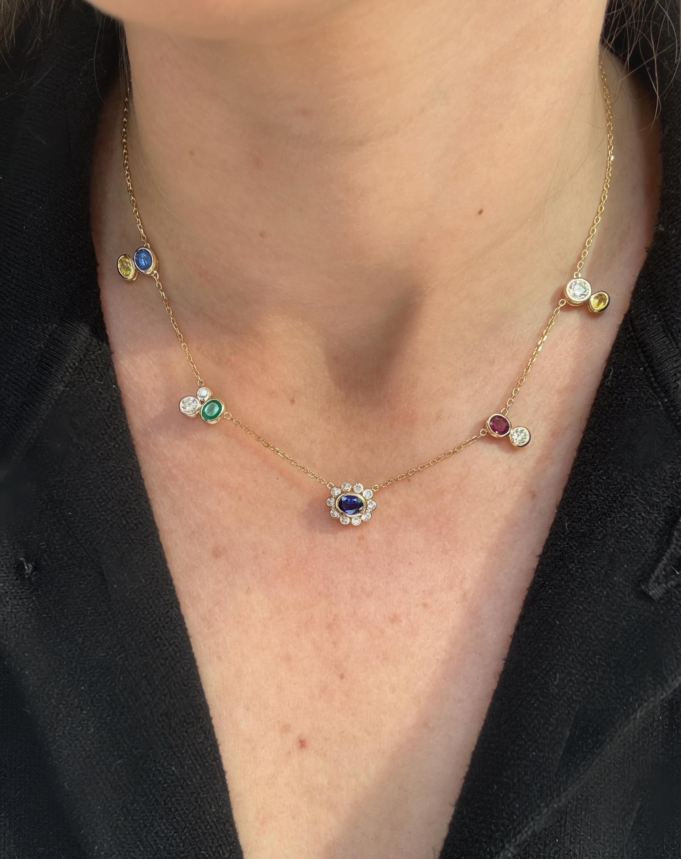 My client had some odds and ends from old jewelry - lots of coloured stones and some diamonds she wanted us to make an asymmetrical, fun necklace with. I designed this concept based on the elements she gave us and love how it turned out ✨