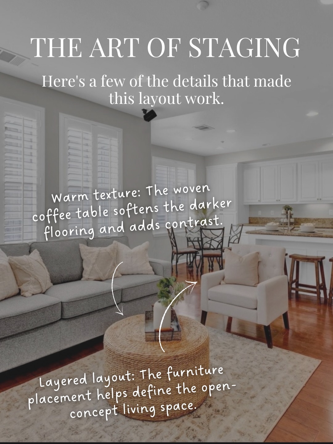 Open-concept homes photograph best when each space feels intentional and easy to understand.
For this San Ramon home, we focused on creating warmth and structure without making the layout feel heavy. Soft neutral seating helped define the living area, while woven textures and layered styling balanced the darker wood flooring. In the kitchen, simple staging kept the space bright and functional while still feeling inviting. Upstairs, symmetrical styling and crisp bedding gave the primary bedroom a calm, polished feel with a clear focal point.
Every staging detail was designed to guide buyer flow, show scale, and make the home feel approachable from the very first photo.
DM us to start the conversation!