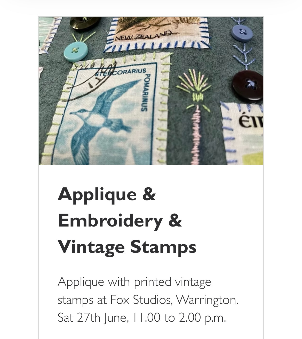 On Saturday 27th of June, I will be back at the lovely @thefoxstudios in Warrington ❤️
Book your place, and see more details at my website.
#warrington #applique #cheshire