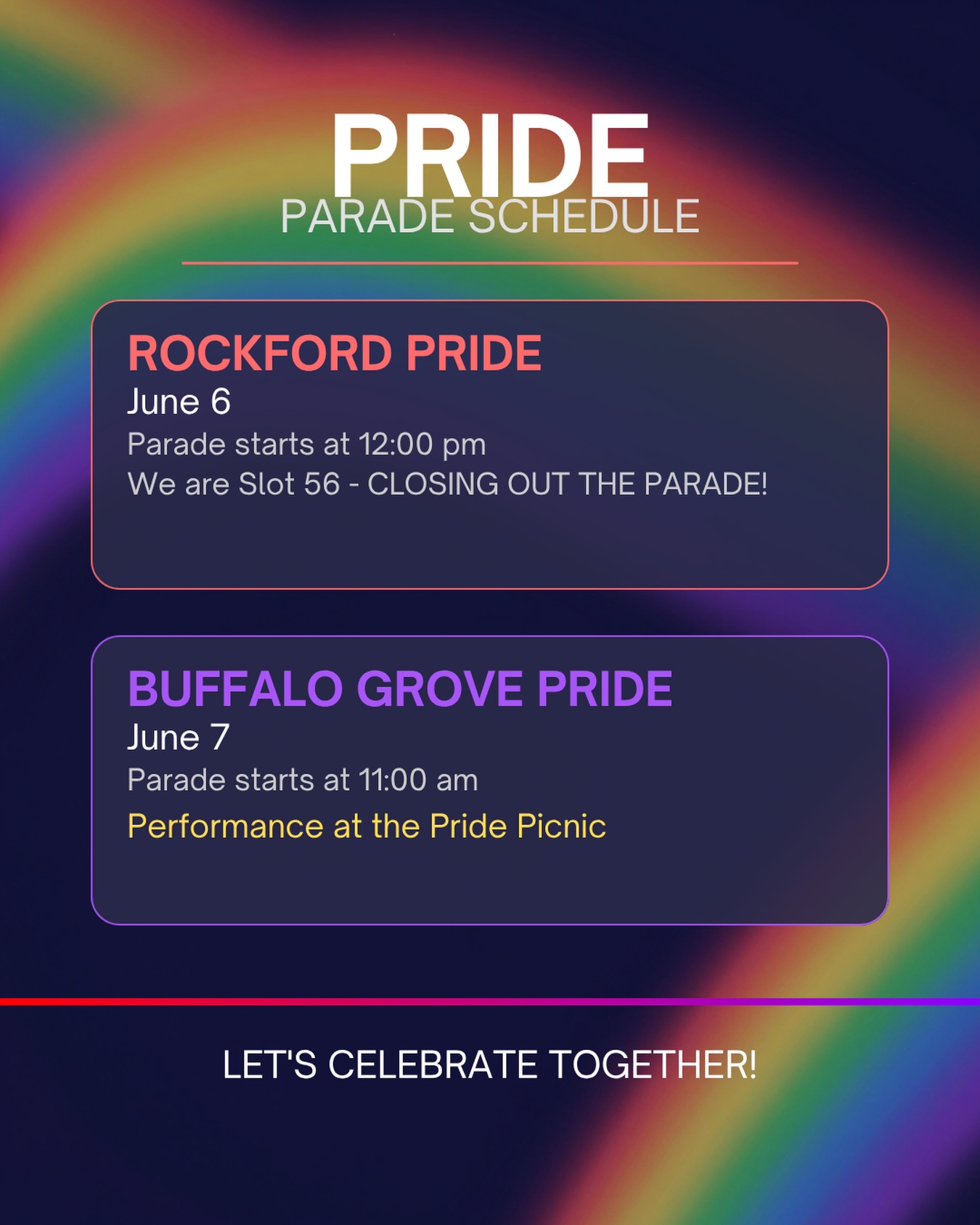 Let’s kick off Pride Month together. Join us this weekend at @rockfordareaprideparade and @bg_pride as we celebrate community, love, and pride. We can’t wait to see you there. Performance time for Buffalo Grove Pride Picnic will be announced, so stay tuned for updates. @pridecheerleadingassociation #pcapridetour#pcapridetour2026#csbstars#adultcheer#cheerforcharity