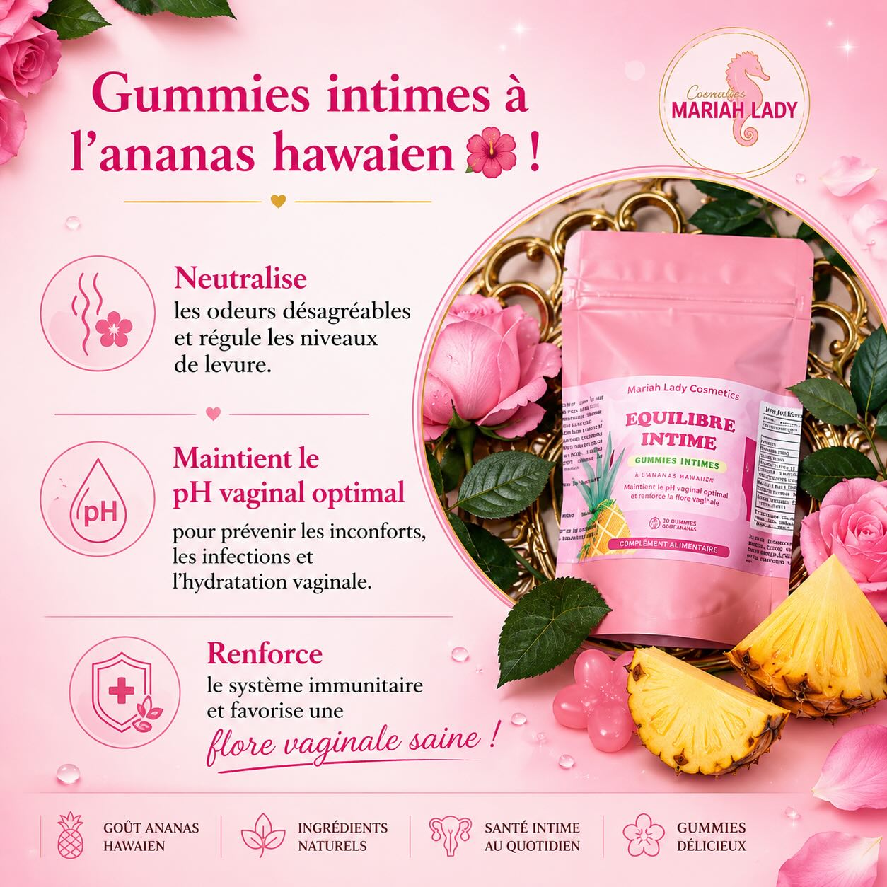 🌺 Gummies Intimes à l’Ananas Hawaïen 🌺
Prenez soin de votre bien-être intime naturellement avec nos gummies au délicieux goût d’ananas hawaïen 🍍💖
✨ Bienfaits :
• Neutralise les odeurs désagréables
• Aide à équilibrer le pH vaginal
• Favorise une flore vaginale saine
• Contribue à réduire les inconforts intimes
• Soutient le système immunitaire
• Favorise une bonne hydratation vaginale
💗 Une formule pensée pour le confort, l’équilibre et la confiance au quotidien.
🌿 Ingrédients sélectionnés avec soin
🍍 Délicieux goût ananas hawaïen
💖 Faciles à intégrer à votre routine quotidienne
📩 Commandez dès maintenant sur notre site internet ! ✨
