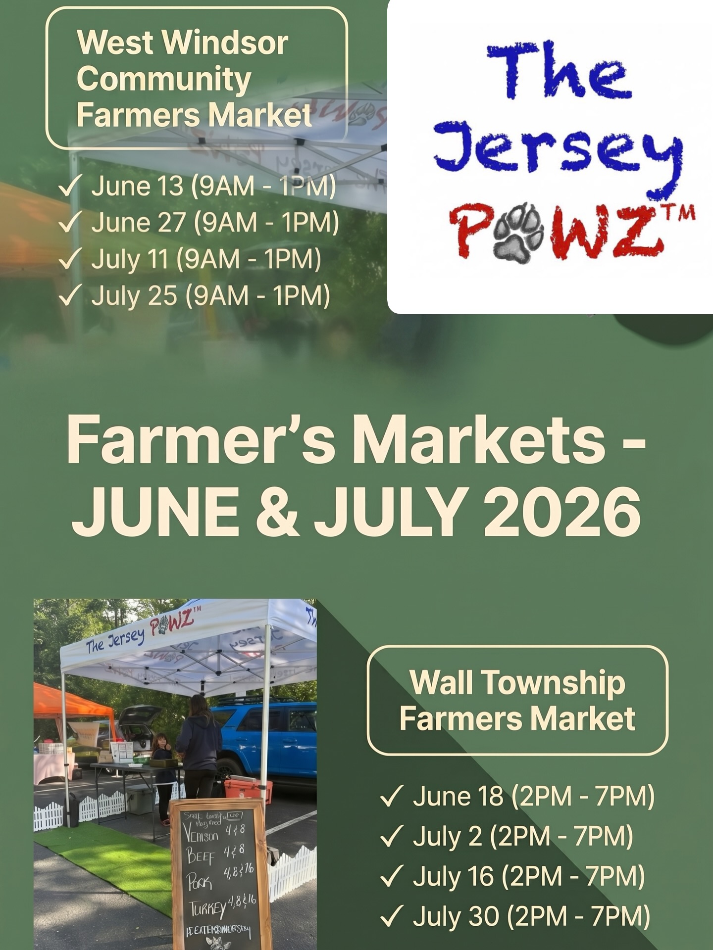 Upcoming dates for the NJ farmers markets. Stop by for some fresh, wholesome food for your pups while shopping for your own nourishment. #ExtendTheirStay #FeedThemFresh #MadeInNewJersey #FarmersMarket #ShopLocal