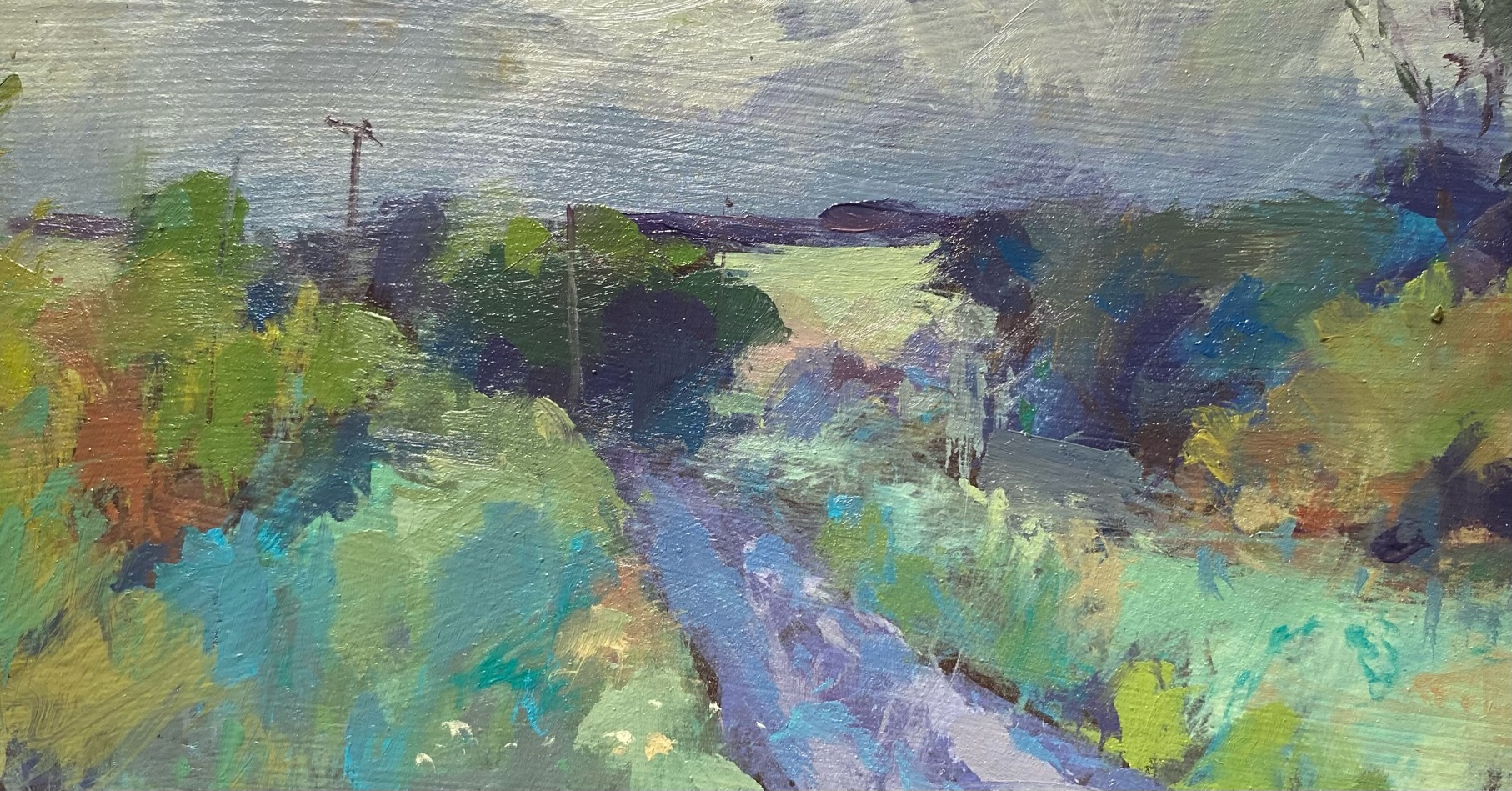 I was painting down a lane this morning and summer wind touched my easel and knocked it to the floor! The spring greens are incredible at the moment, the air was full of moisture creating really interesting light