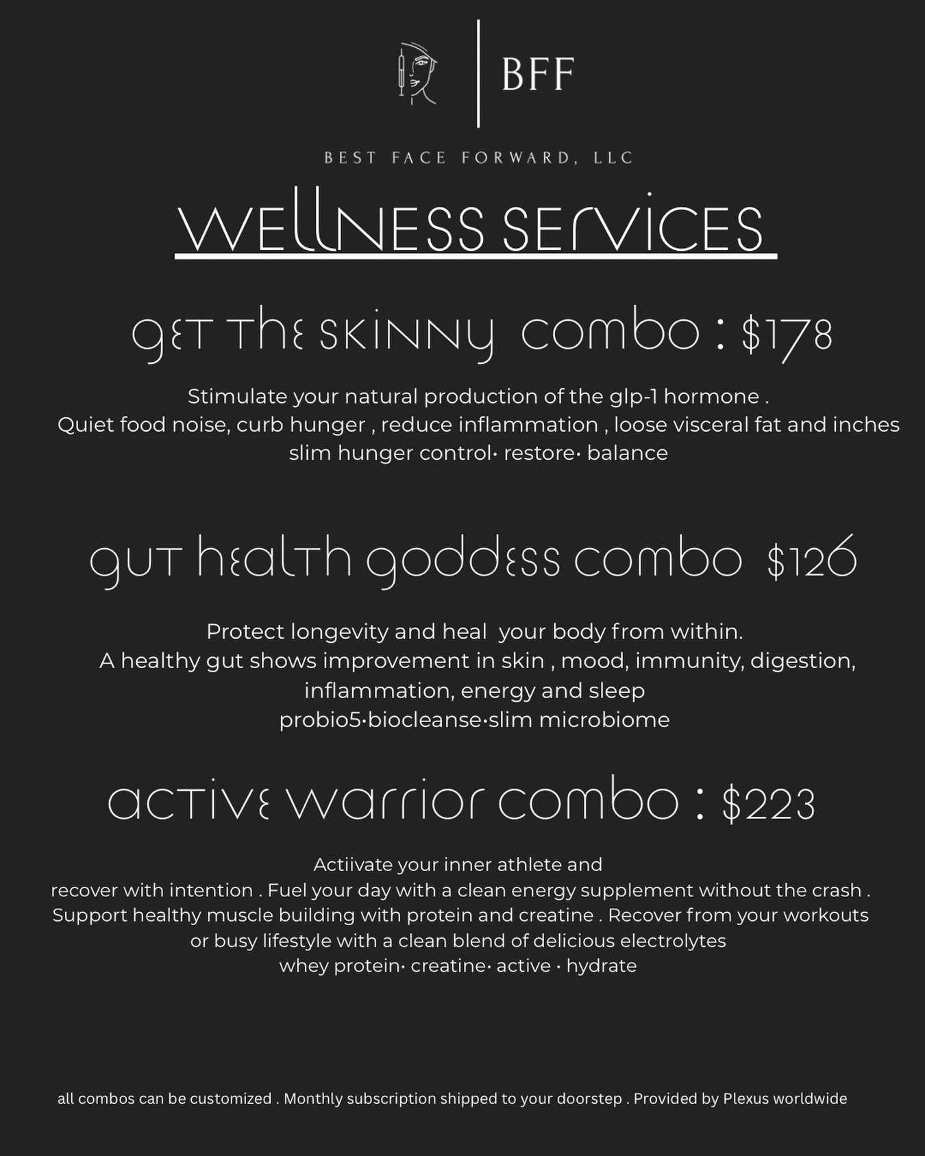 At Best Face Forward , we are all about helping you look at FEEL your best . That is why I am so excited to offer BFF customizable wellness services ! With products that ship straight to your doorstep , getting healthy has never been easier ! Whether you are looking to shed a few pounds, restore your energy, or support your busy life style , we have you covered . Schedule your FREE wellness consult today and start putting your Best Face and BODY Forward !
•
•
#bestfaceforward #wellness #weightloss #nurse #healthyhabits
www.bffinjector.com
629-220-9297
719 B McFadden CT
Lebanon TN 37087
