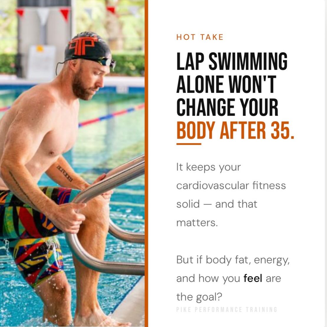 You’re in the pool four days a week.
You’re eating pretty well. You’re not lazy — you never have been.
But the body composition hasn’t budged in years. And honestly?
That’s one of the most common things I hear from swimmers.
Here’s why it makes complete sense: cardio maintains. It does not transform.
Swimming keeps your heart strong and your lungs sharp.
But it cannot replace the muscle mass your body has quietly been losing since your early 30s.
That’s not a character flaw.
That’s physiology.
And the fix isn’t more laps.
It’s 3 focused strength sessions a week layered on top of what you’re already doing.
That’s the missing piece. That’s what I build.
DM me “STRONG” and let’s talk. 🏊♂️