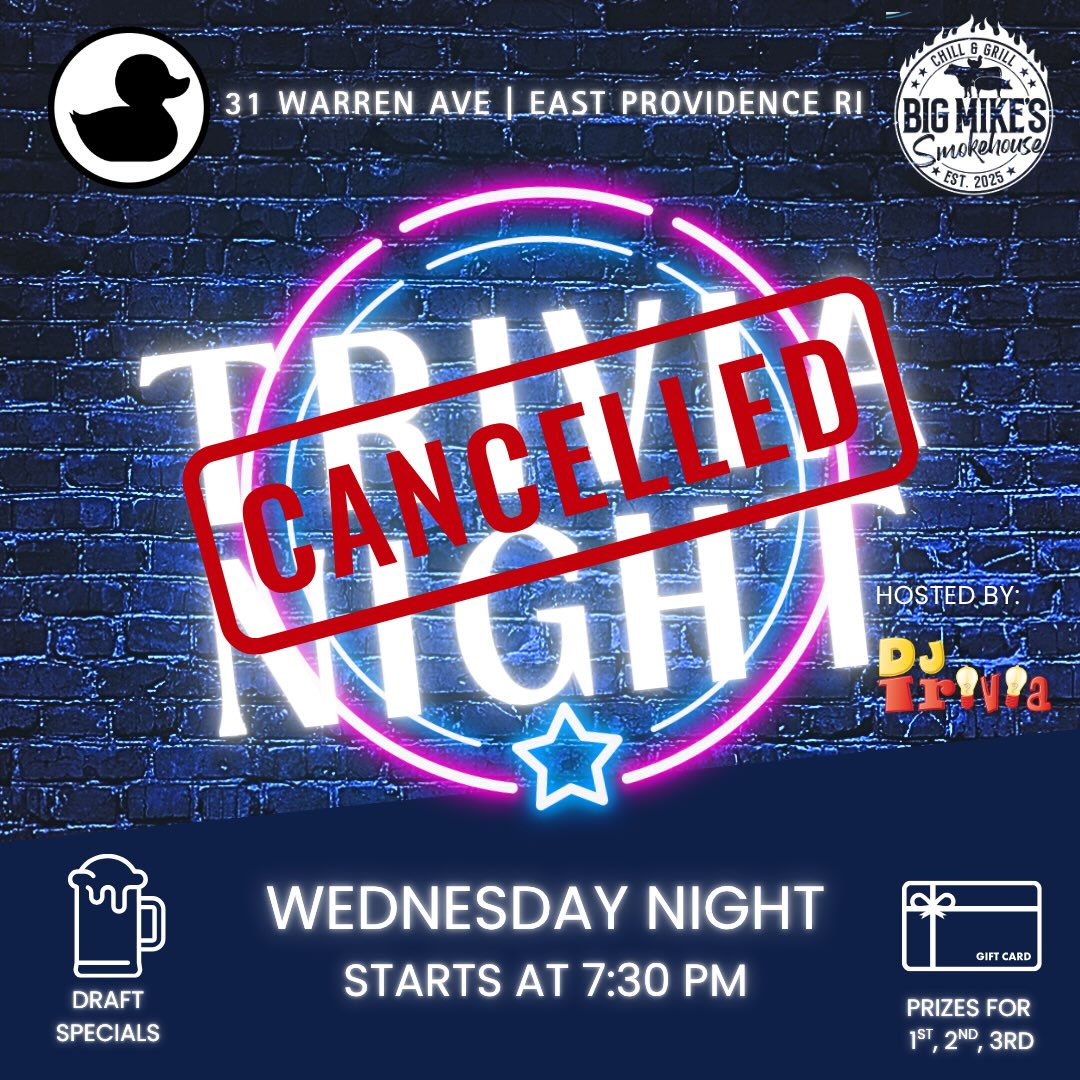 Trivia is Canceled tonight! Sad, I know.
We still open from 5pm-10pm. Stop by and grab a drink or food from Big Mike’s Smokehouse.
#wednesday #eastprovidenceri #blackduck #craftcocktails #drinksonthepatio