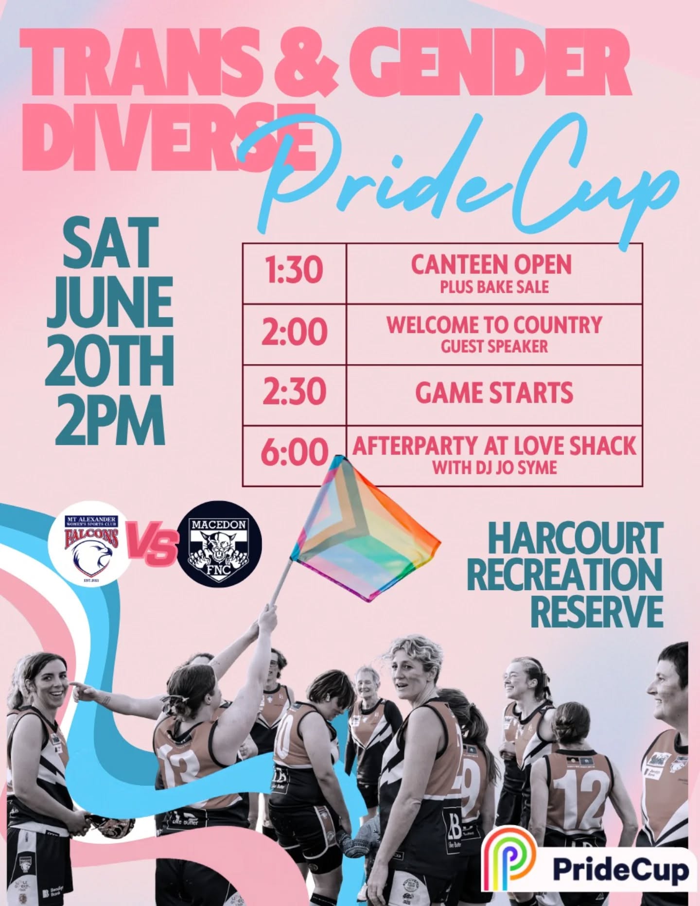 We are so thrilled to invite you all to our 2026 Trans and Gender-Diverse Pride Cup!! 🏳️⚧️
June 20th we take to the field in Harcourt against Macedon to celebrate some of the amazing people that make up our team and our community 🩷
There'll be a bake sale alongside our wonderful canteen goodies 🧁 a pre-game Welcome to Country 🍂 a DJ spinning tunes all arvo 🪩 and we'll party afterwards with our good friends at Love Shack 🎉
Pride games are such an important part of our season and we can't wait to celebrate with you!