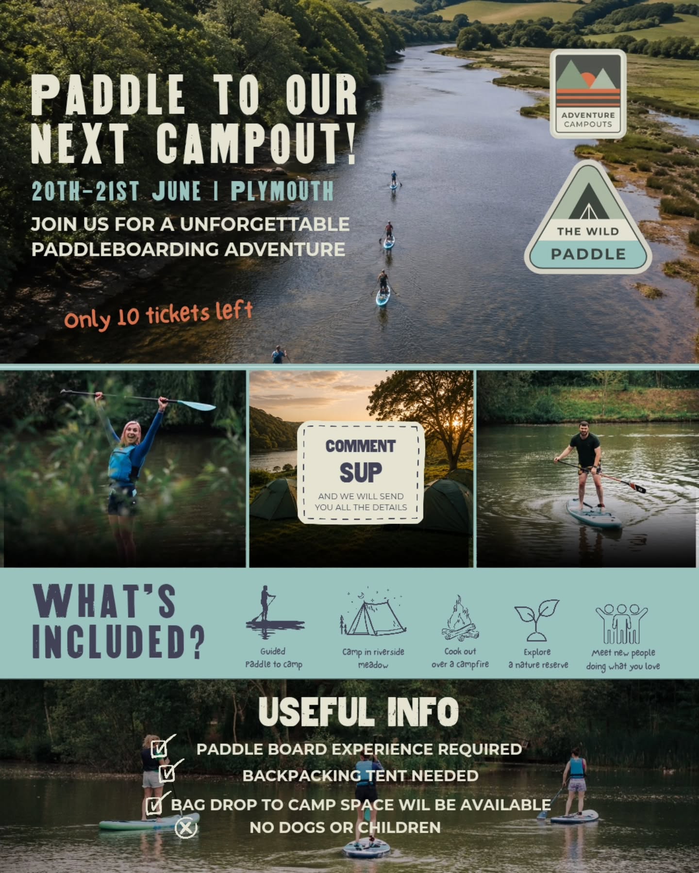 Join the next CampWild Campout 🛶⛺️
On the 20th–21st June, we're heading to The Grove in Cornwall for something a little different.
This time, we're paddling to camp.
We'll load our kit onto paddleboards, follow the Lynher Estuary and make our way to a hidden hay meadow that's only accessible by water.
Over the weekend we'll spend time on the water, gather around the fire, enjoy some camp cooking, get involved in a small conservation project and spend time outdoors with a brilliant group of people.
The Grove sits within an active rewilding project overlooking protected salt marshes, with opportunities to spot everything from curlews and ospreys to the occasional white-tailed eagle.
This isn't about racing or covering huge distances.
It's about slowing down, switching off and sharing a unique adventure with good people.
This is what CampWild Campouts are all about — adventure, connection and experiencing wild places properly.
⚠️ Very limited spaces
📍 The Grove, Cornwall
📅 20–21 June
Comment SUP and we'll send you all the details 🎟️
Things to know ℹ️
🛶 Approximately 1 hour paddle to camp
🏕 Backpacking tent required
🎒 Small bag drop available
✅ Paddleboarding experience required
🚫 No dogs
🚫 No children
#campwild #campout #paddleboarding