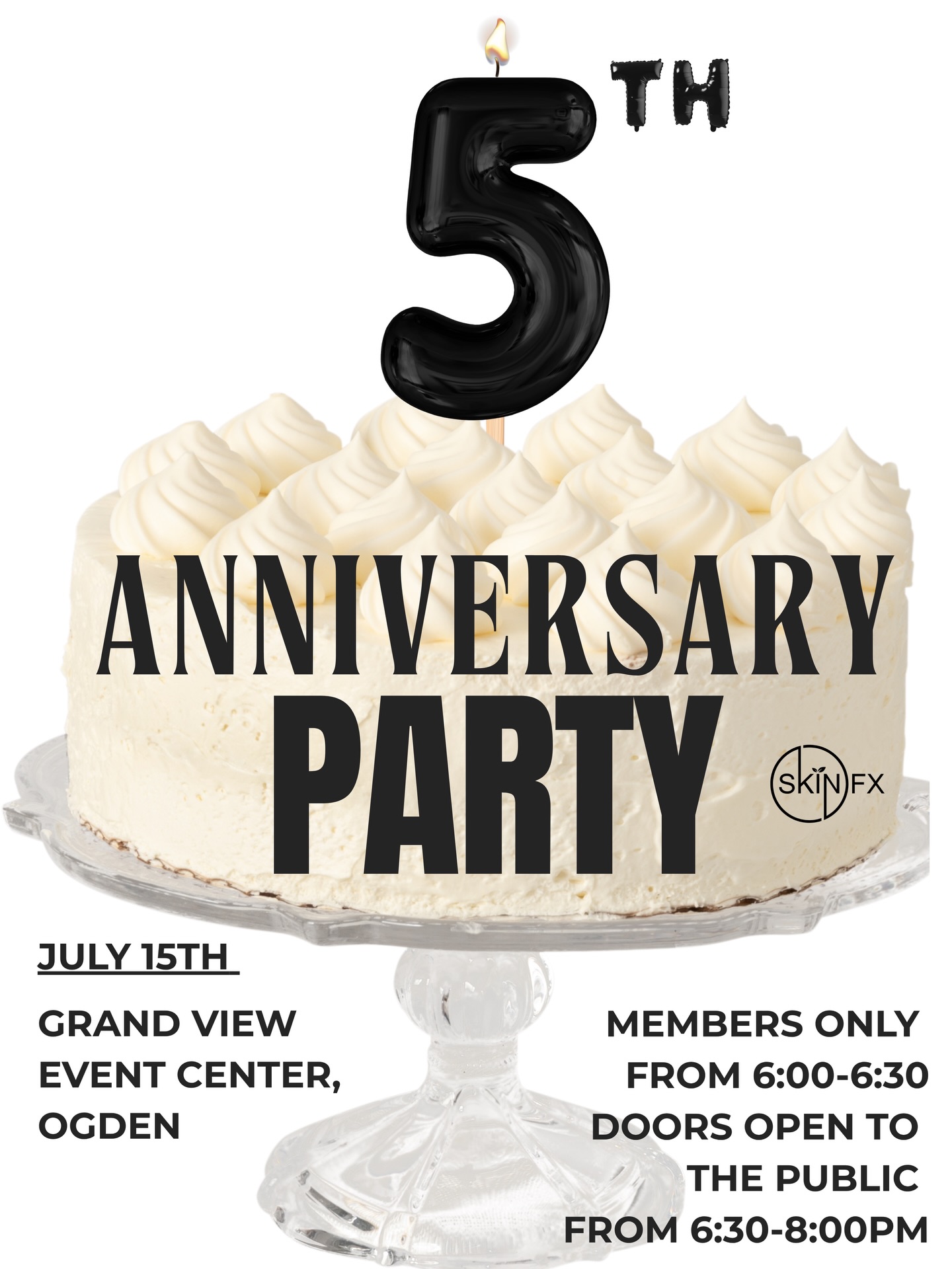 We’re turning 5!
Join us as we celebrate 5 amazing years of SkinFX and the incredible clients who made it all possible. Enjoy an evening of celebration, connection, refreshments, giveaways, and more as we look back on five successful years together.
📅 July 15th
📍 Grand View Event Center | Ogden
🕕 Event Time: 6:30 PM – 8:00 PM
⭐ VIP & Member-Only Early Access: 6:00 PM – 6:30 PM
We can’t wait to celebrate this milestone with you and thank you for being part of the SkinFX family.
#skinfx #utah #utahevent #medspa #skinfxanniversary