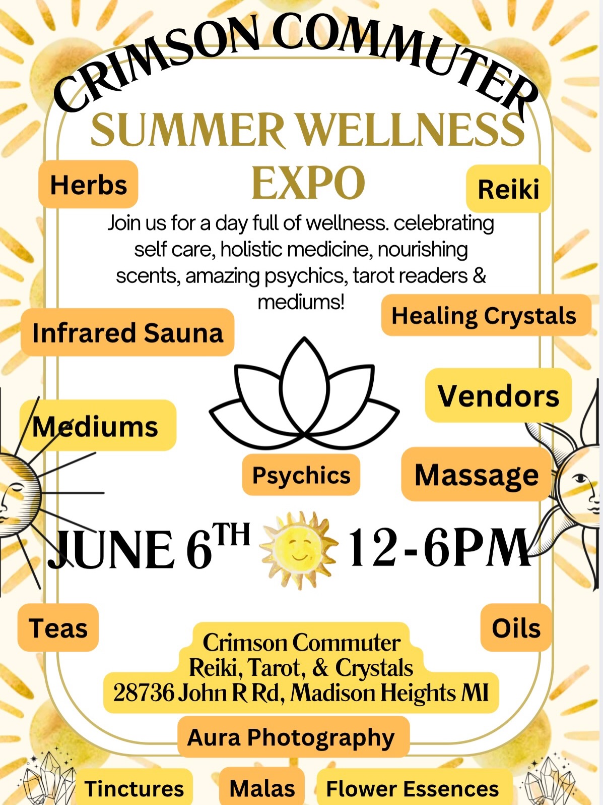 Join us this Saturday June 6th 12-6pm. Readings mediumship & Tarot, chair massage, aura photography, infrared red sauna, & the vast items in the Crimson Commuter Store.