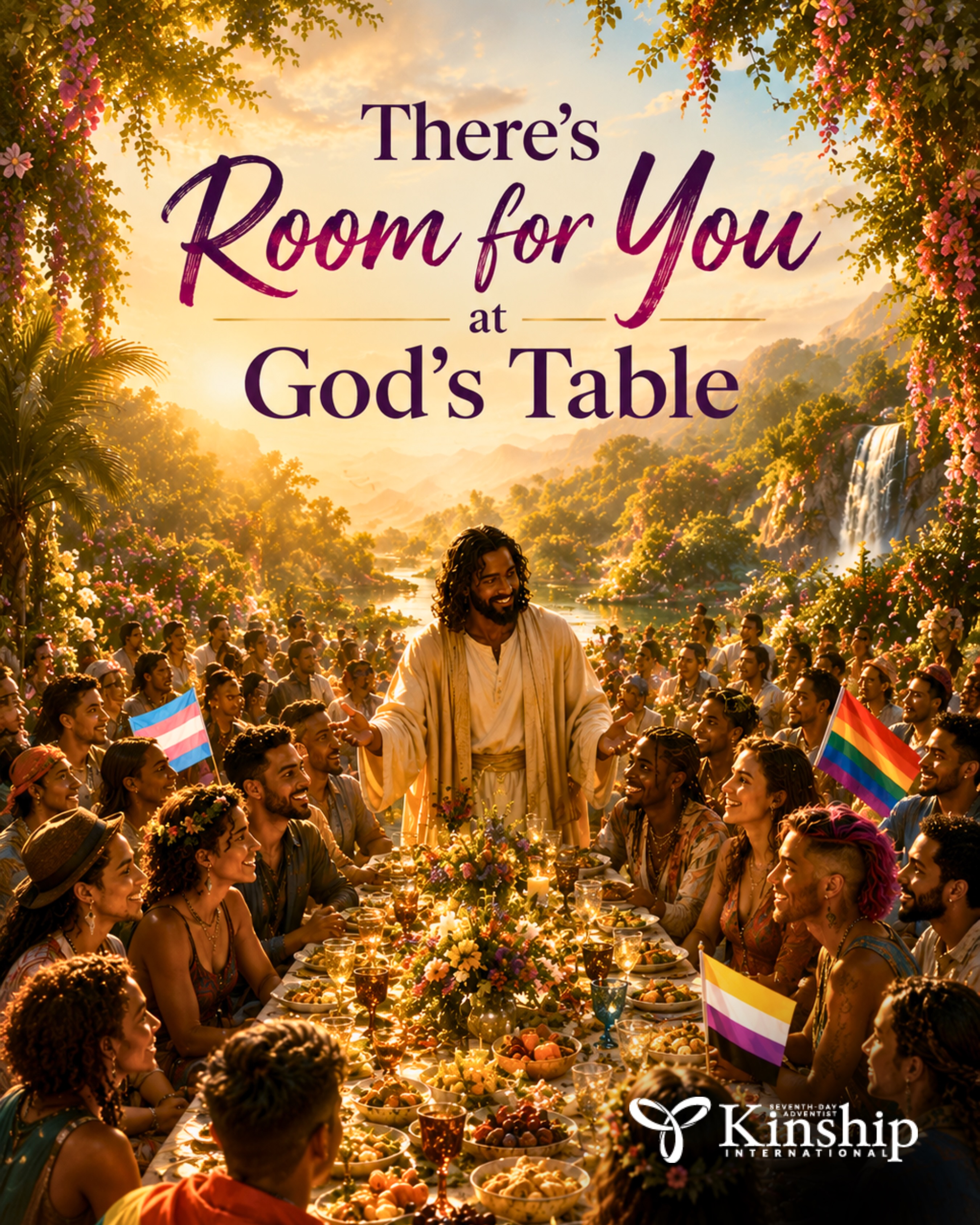 PRIDE | There’s room for you at God’s table.
Throughout Scripture, the great hope of God’s kingdom is often described as a feast—a place where people from every nation, tribe, language, and background gather in joy before their Creator.
Jesus spent much of His ministry sharing meals with those whom society and religion had pushed aside. Again and again, He made room at the table for people others thought did not belong.
As Adventists, we believe every human being is created in the image of God and loved beyond measure. Ellen White wrote that “the worth of a soul can be measured only by the cross of Calvary.” No person is an exception to that truth.
Many LGBTQ+ Adventists have been told there is no place for them in faith communities. Yet the Gospel tells a different story: a story of grace, belonging, and a Savior who continually moves toward the excluded.
We believe God’s table is larger than human fear, stronger than human prejudice, and wide enough for all His children.
There is room for you.
🌈💜
“People will come from east and west and north and south, and will take their places at the feast in the kingdom of God.” — Luke 13:29
#SDAKinship #PrideMonth #LGBTQAdventist #Adventist #YouBelong