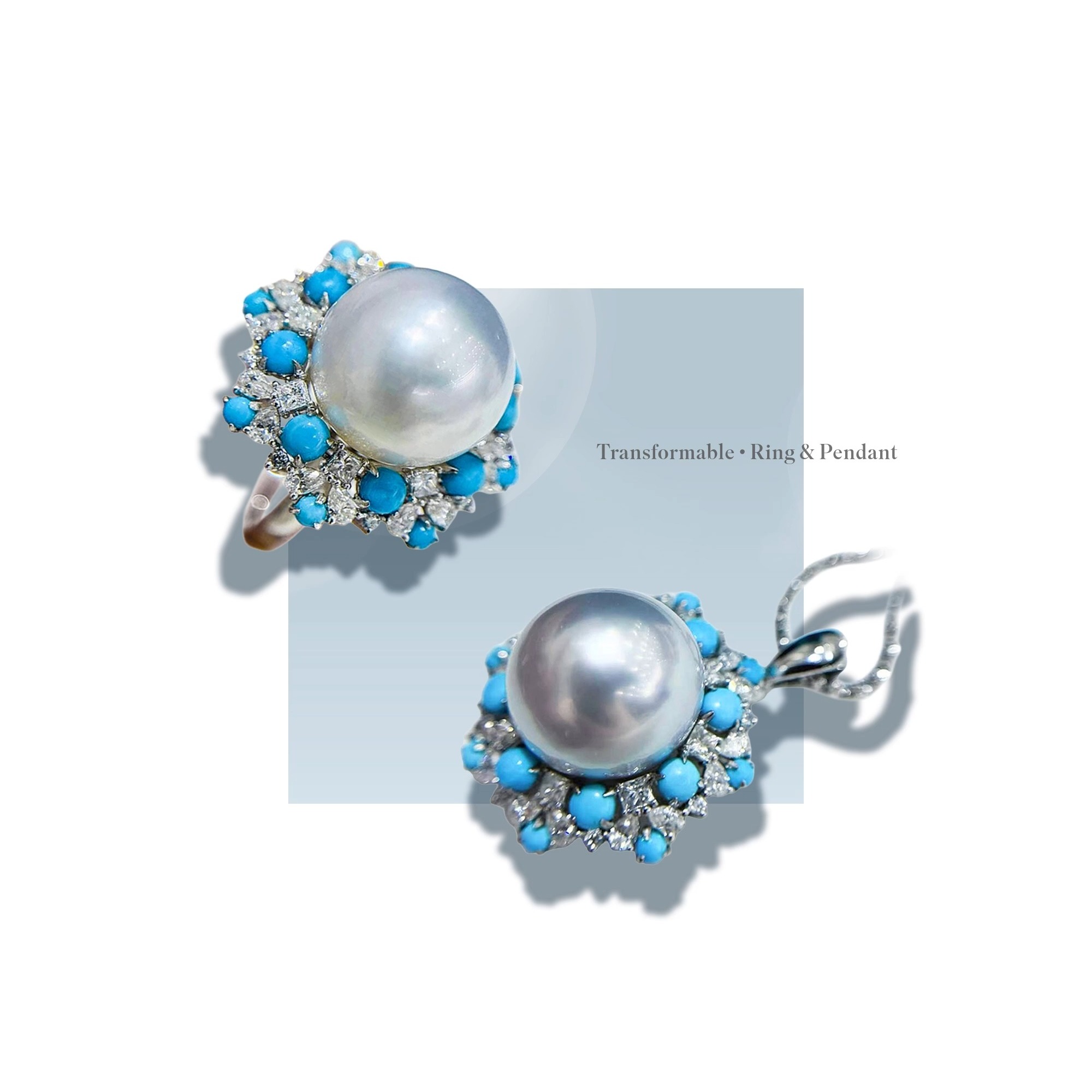 A design that transforms with the moment.
Centered around a luminous 13–14mm South Sea pearl, this versatile piece can be worn as either a statement ring or an elegant pendant.
Accented by vivid turquoise and natural diamonds, it balances presence with lightness — offering two distinct expressions from a single design.
A signature of the Caelmare collection, where craftsmanship meets versatility.
#ThePearlVogue #Caelmare #SouthSeaPearl #TransformableJewelry #PearlJewelry #FineJewelry #PearlPendant #PearlRing #LuxuryJewelry #OneOfAKindJewelry