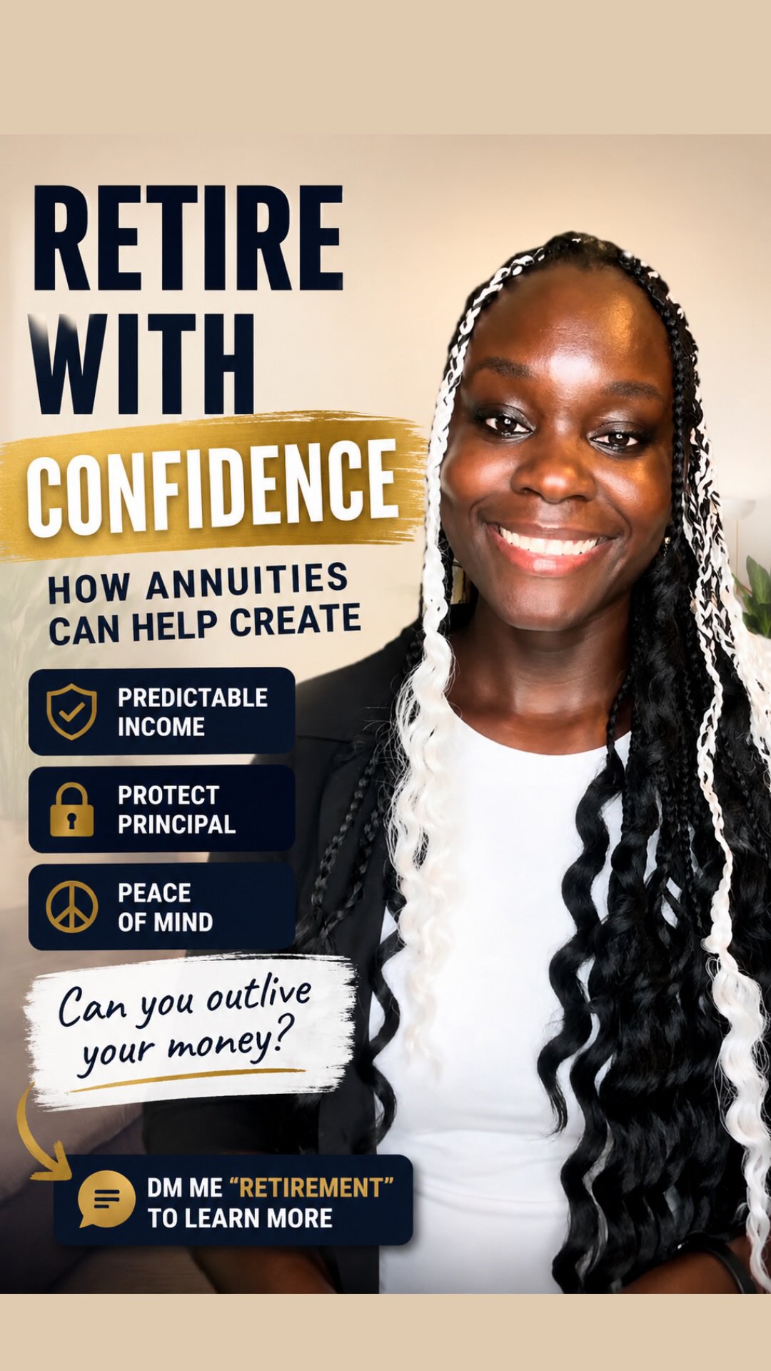 Retirement isn’t just about growing your money.
It’s about making sure it lasts.
For the right person, an annuity can help create predictable income, protect principal, and provide peace of mind throughout retirement.
DM me “RETIREMENT” if you’ve never had someone explain how annuities actually work.