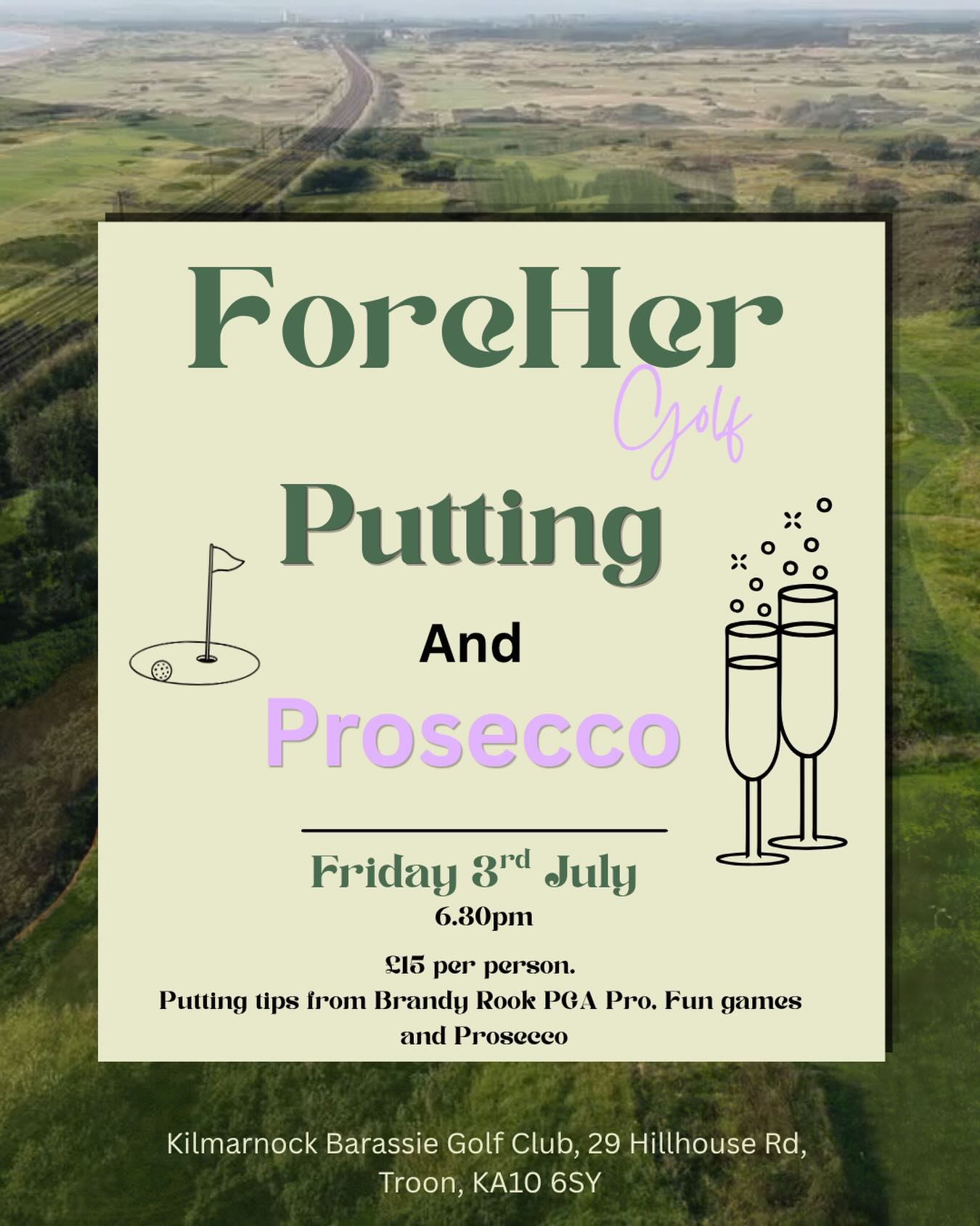 ⛳️🥂 Putting & Prosecco 🥂⛳️
Join us for a fun and relaxed putting event at Kilmarnock Barassie Golf Club.
Tips to improve your putting with PGA Professional Brandy Rook, a glass of prosecco, games, and a chance to win prizes. Perfect for golfers looking to learn, socialise, and have fun!
Follow the link in our bio to purchase a ticket ⛳️