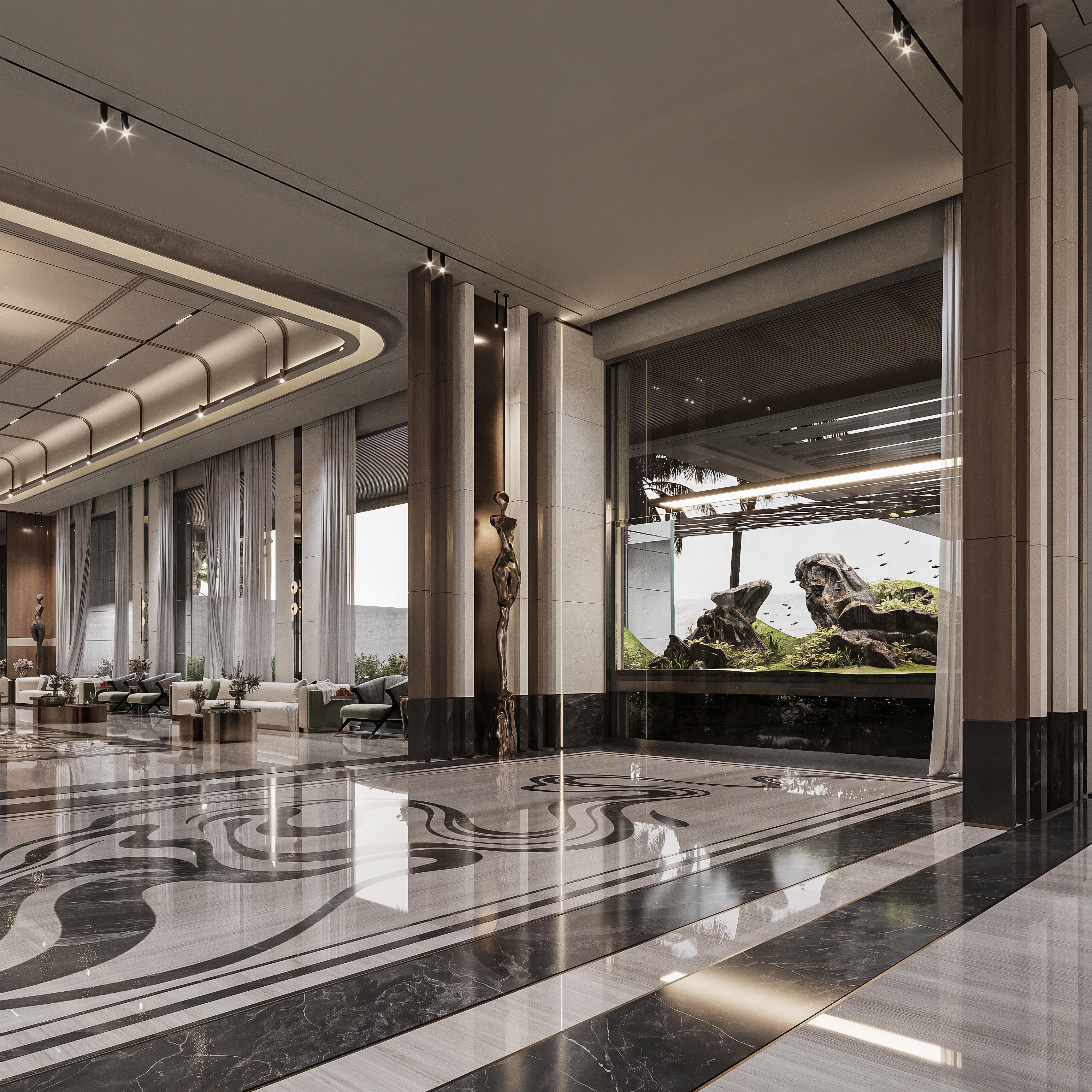 A refined arrival experience where scale, materiality, and architectural precision come together to create a lasting first impression.
Designed for a luxury development in Riyadh, this double height lobby features bespoke marble flooring, natural stone surfaces, warm timber accents, and carefully layered lighting to enhance the sense of elegance and grandeur.
Every detail was thoughtfully crafted to transform a simple transition space into a memorable destination.
📍 Riyadh, Saudi Arabia
✏️ Design by Maroon Architects