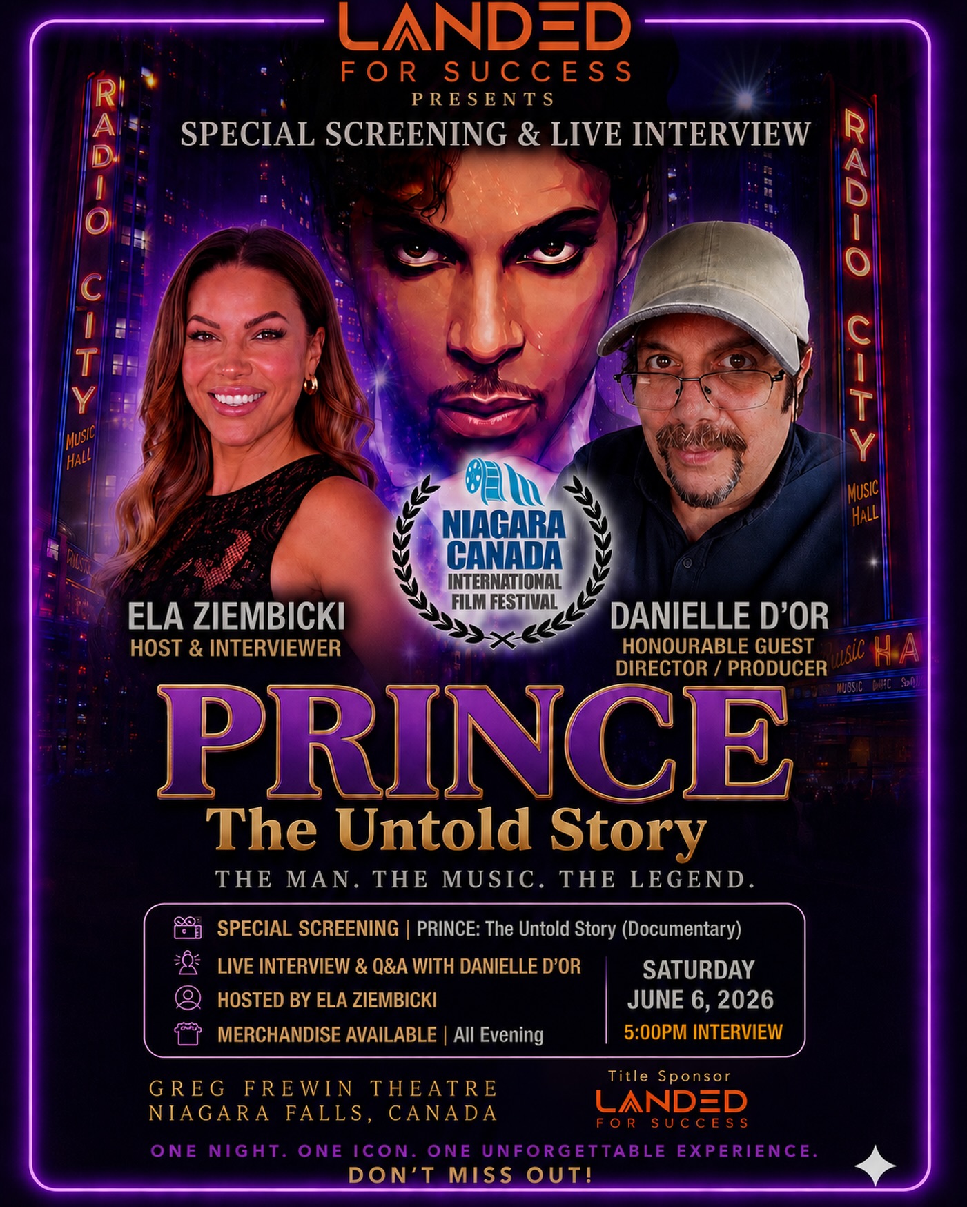 I am SO excited for this Saturday! 💜
Last night I had the opportunity to spend time speaking with the incredible Danielle D’Or, and let me tell you… this is going to be a conversation you won’t want to miss.
As part of the Niagara Canada International Film Festival, I will be hosting a special live interview with Danielle following the screening of Prince: The Untold Story.
The buzz around this documentary has been incredible, and if you’re a Prince fan, a music lover, or simply enjoy powerful storytelling, you’re going to love this experience.
🎬 Special Screening of Prince: The Untold Story
🎤 Live Interview & Q&A with Danielle D’Or
📍 Greg Frewin Theatre, Niagara Falls
📅 Saturday, June 6 5:00pm
There will also be screenings of other featured documentaries, including Gucci, making this an unforgettable evening of film, music, and conversation.
If you’d like to attend, send me a message. I have access to special tickets and would be happy to help you secure your seat.
Who’s joining me? 💜