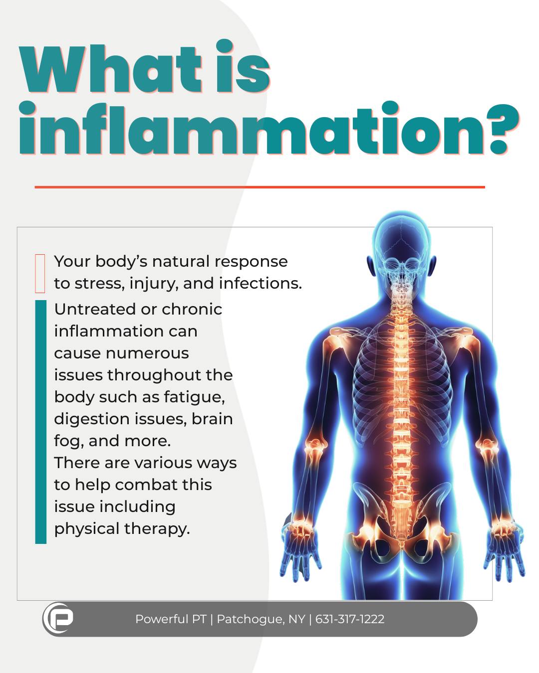 Inflammation seems like a minor issue... until it is left untreated and creates other issues throughout the body. One of the many ways you can address it is with physical therapy. Read more about it in our newly published blog found on our website - https://www.powerfulpt.com/blog.
Reach out to us today to see how we can help!
📍 www.powerfulpt.com
📞 631-317-1222
📧 info@powerfulpt.com
#inflamation
#chronicillness
#PowerfulPT