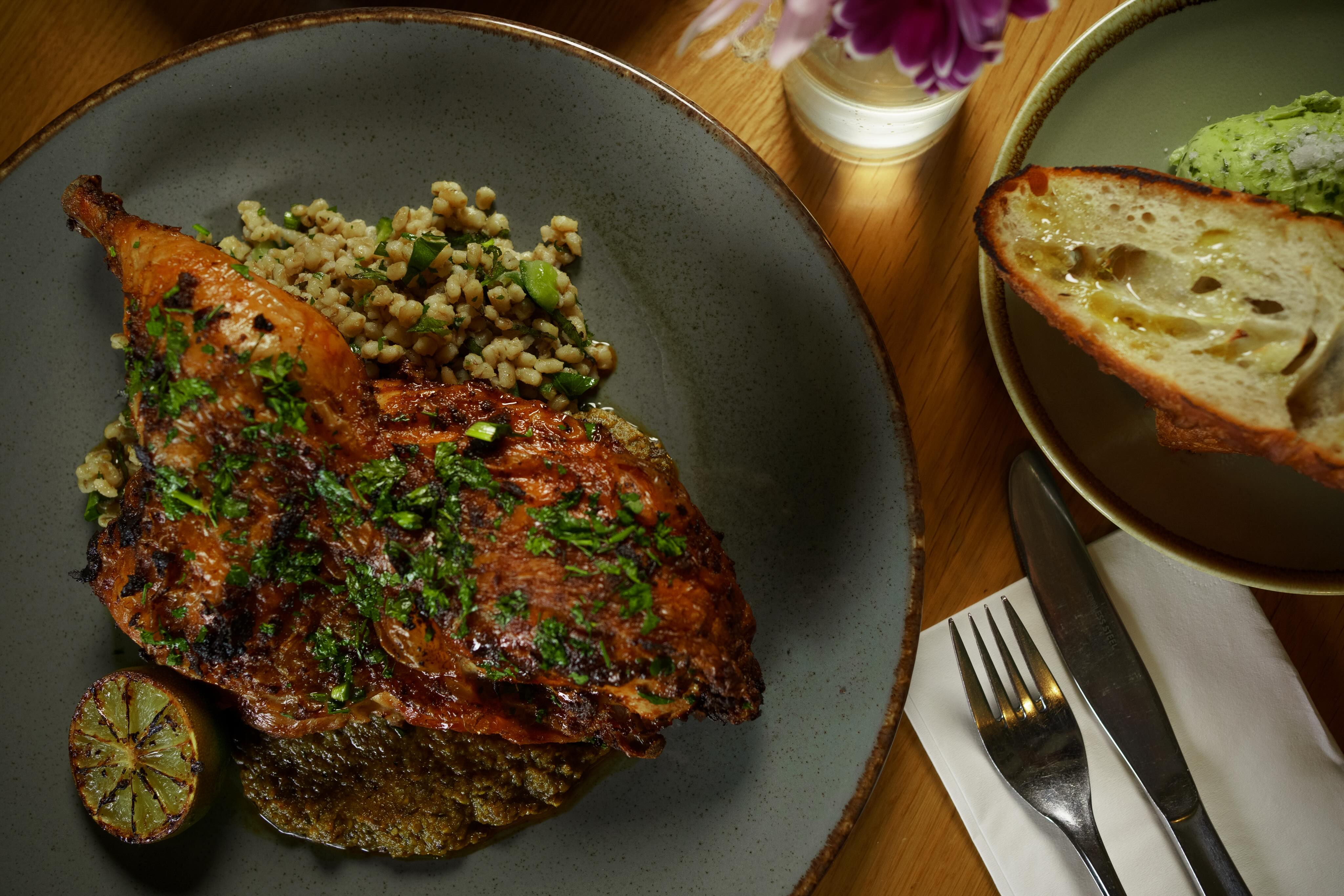 Have you tried our new menu yet?
This half Roast Chicken with pearl barley and woodfired green romesco is an absolute winner ππ»
A side of our homemade focaccia is perfect to get that last bit of sauce off the plate π