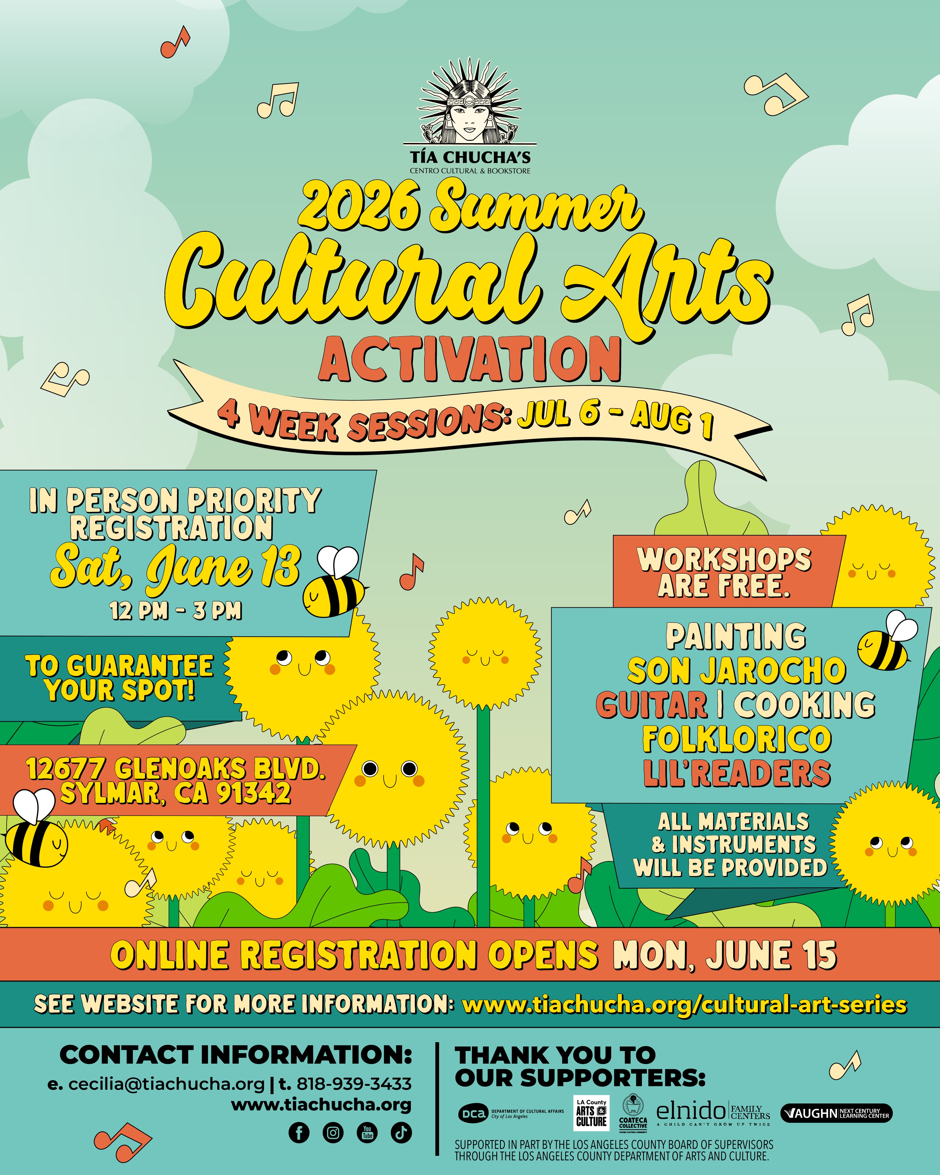 We have your Summer plans! Check out our Summer Cultural Arts classes for youth beginning next month in July!
Registration will begin on June 13th from 12pm-3pm at Tia Chucha’s. Eligible participants who register in-person on this day will be prioritized. Spots will be filled on a first come first serve basis.
Can’t make it in person on June 13, we’ll open the online registration on our website on Monday June 15th.
Learn more at www.tiachucha.org or through the link in our bio.