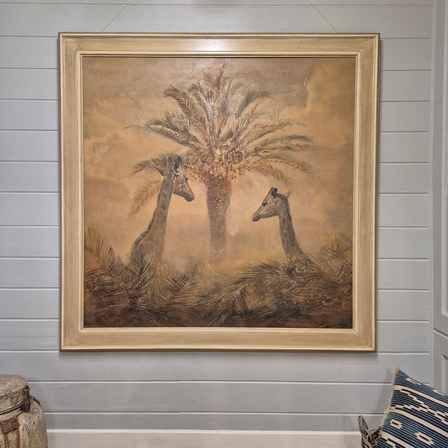 Palm Giraffes Sold. A large statement peice framed in our double layered hand tinted frame. #giraffes #artforsale #artcollector #africanvibes