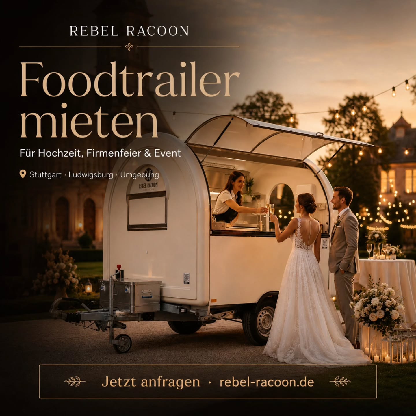 Ein besonderer Tag verdient einen besonderen Blickfang ✨
Mit Rebel Racoon könnt ihr einen stilvollen Foodtruck / Foodtrailer für Hochzeit, Firmenfeier und Event mieten. Ob Sektempfang, Cocktailbar, mobile Bar, Getränkewagen, Imbisswagen, Verkaufsanhänger oder stilvoller Event-Trailer – unser Trailer sorgt für eine besondere Atmosphäre und unvergessliche Momente.
Ideal für Hochzeiten, Firmenfeiern, Sommerfeste, Messen, Stadtfeste, Promotion-Aktionen und private Events.
Ihr möchtet einen Foodtruck mieten in Stuttgart, Stuttgart-Vaihingen, Ludwigsburg, Waiblingen, Fellbach, Esslingen oder in der Umgebung? Dann seid ihr bei uns genau richtig.
Unser Retro-Foodtrailer ist in ganz Baden-Württemberg unterwegs und kann flexibel für eure Veranstaltung eingesetzt werden – als Foodtruck für Hochzeit, Foodtrailer für Event, mobile Cocktailbar, Sektempfang für Brautpaar und Gäste oder als stilvoller Verkaufsstand.
📩 Jetzt anfragen unter: rebel-racoon.de