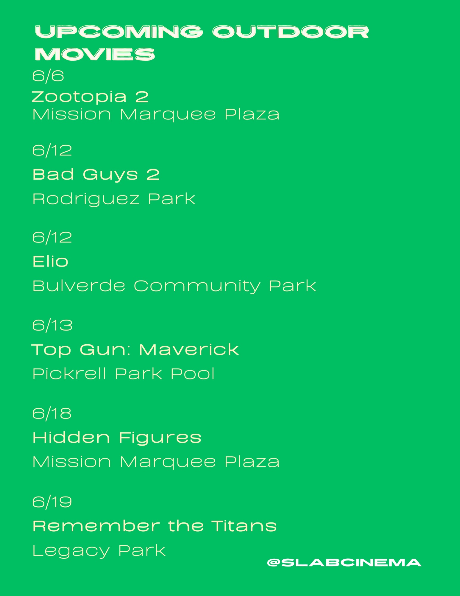 Free outdoor movies in June:
6/6
Zootopia 2
Mission Marquee Plaza
*6/12 (movie title change)
Jurassic World Rebirth
Rodriguez Park
With a special guest appearance by Audrina Miranda, the actress who plays Isabella Delgado in the film.* @audrinammiranda
6/12
Elio
Bulverde Community Park
6/13
Top Gun: Maverick
Pickrell Park Pool
6/18
Hidden Figures
Mission Marquee Plaza
6/19
Remember the Titans
Legacy Park
6/20
Superman (2025)
Mission Marquee Plaza
6/26
Wild Robot
Bullis Park
6/26
Captain America: First Avenger
Heritage Oaks Park
6/27
Hamilton - America 250
Mission Marquee Plaza
6/27
Ratatouille
Confluence Park
Movies start at dusk. Bring picnics, chairs and blankets.
