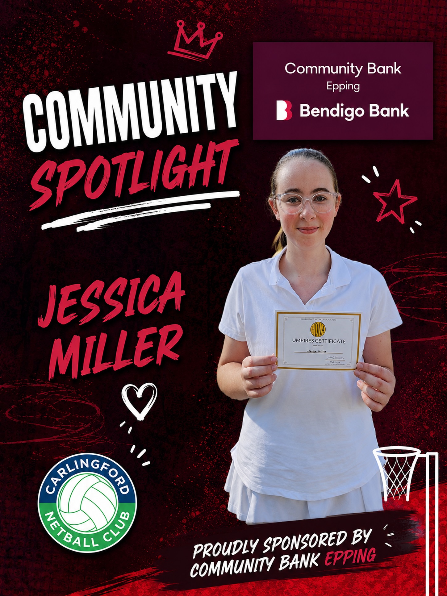 โญ๏ธ Community Spotlight proudly sponsored by @communitybank_epping โญ๏ธ
This week weโre shining the spotlight on Jessica Miller!
Jessica is celebrating her 11th year as a Carlingford Netball Club player and continues to make a wonderful contribution both on and off the court. She currently plays in our Cadet 2 team, coaches our 13/2s, and on top of that, she is also an umpire!
Her dedication, leadership, and willingness to give back to the game make her a valued member of our club community.
Thank you Jess for everything you do for Carlingford Netball Club! ๐๐
A huge thank you to @communitybank_epping, proud sponsors of our Community Spotlight series. As the only bank left in Epping, their team is committed to providing genuine personal service, where you can speak to someone who knows and supports the local community. Their support helps clubs like ours continue to thrive.
