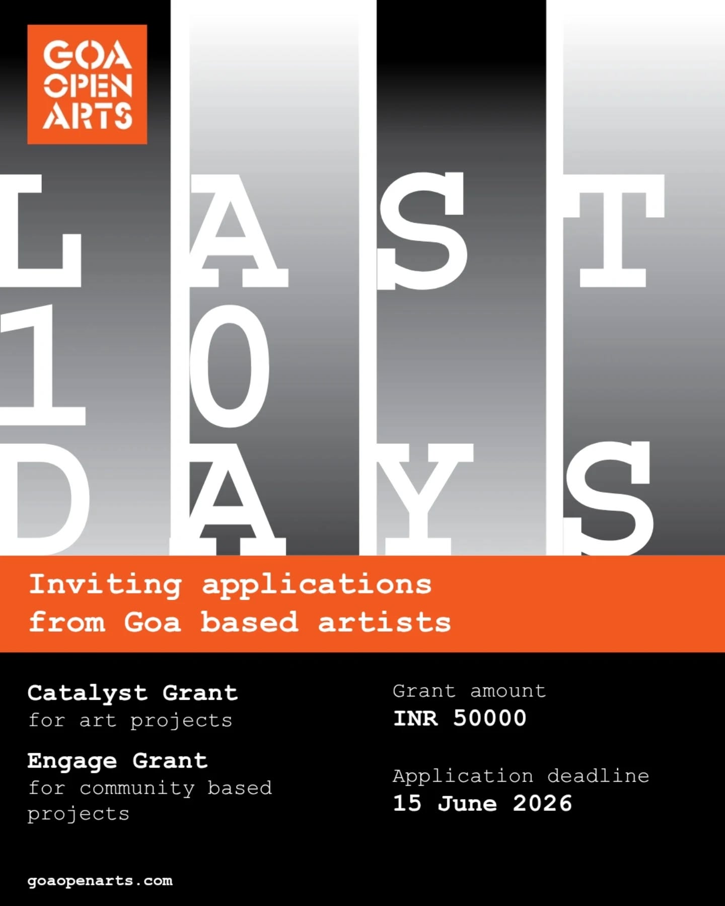 ✨ We're already receiving some exciting proposals, and there's still time to send yours in.
With just 10 days left to apply for the Goa Open Arts Grants 2026–27, we're looking forward to hearing from artists across Goa and learning more about their projects.
🎨 Through the Catalyst Grant and Engage Grant, Goa Open Arts supports artistic and community-based initiatives across disciplines.
Whether you're developing a new body of work, exploring a question, conducting research, or creating a project with your community, we encourage you to apply.
📅 Applications close on 15 June 2026.
🔗 Apply via the link in bio or at goaopenarts.com.