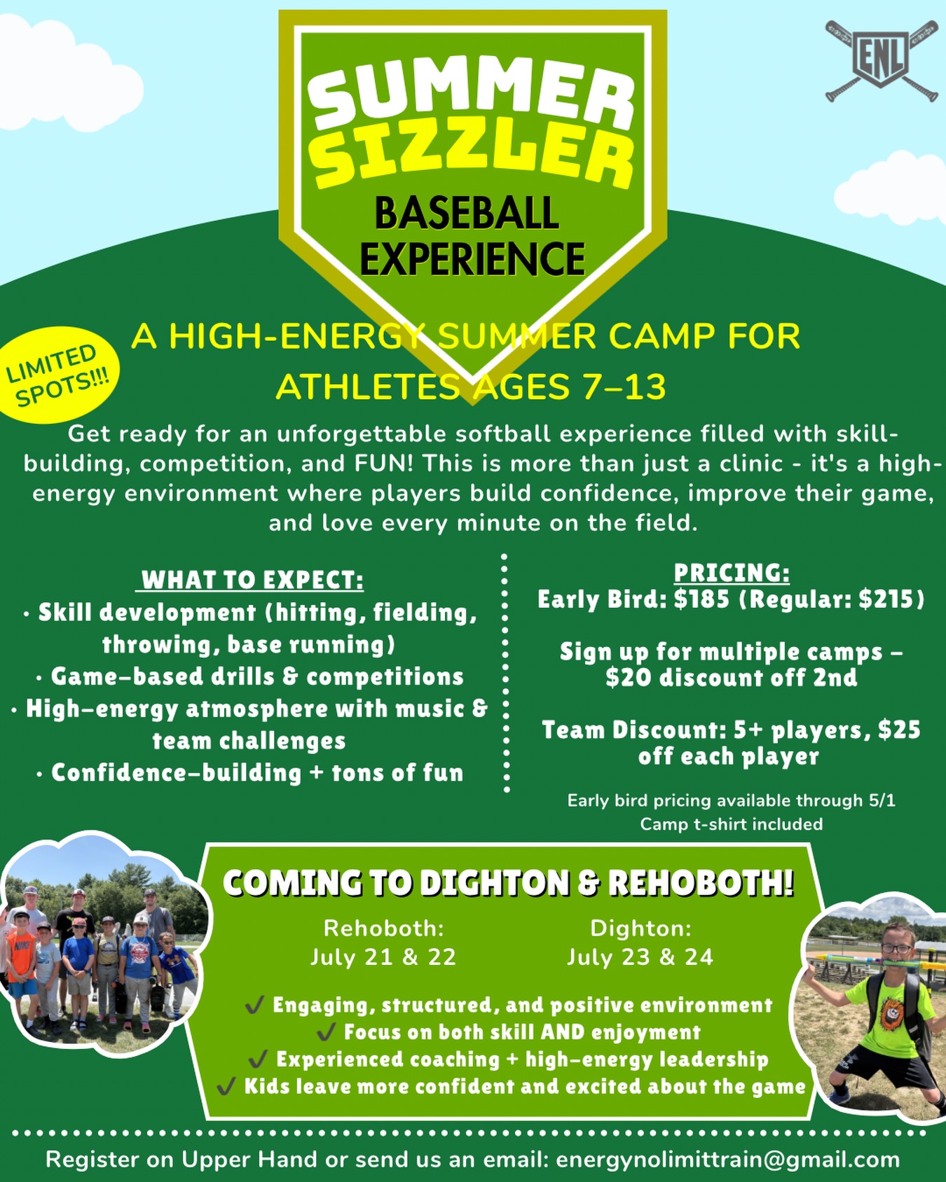 Baseball players weโve got camp for you too!! Summer Sizzler coming to Dighton and Rehoboth ๐ฅ
https://app.upperhand.io/customers/2200-energy-no-limit/events