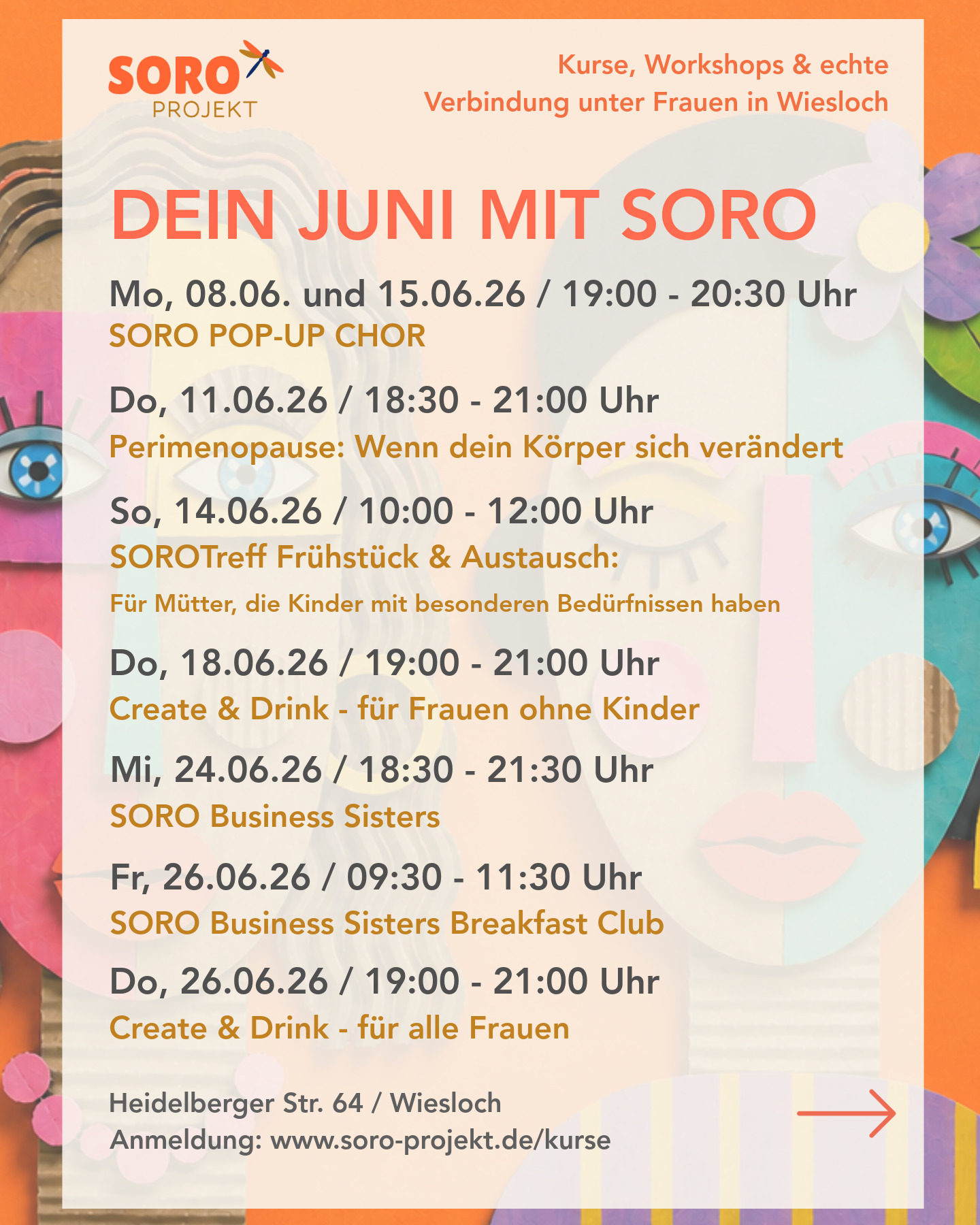 Dein Juni mit SORO wird vielfältig.
Mal kreativ, mal inspirierend, mal verbindend. Manchmal laut singend, manchmal bei tiefen Gesprächen und manchmal einfach bei einer guten Tasse Kaffee mit anderen Frauen, die ähnliche Themen bewegen.
Das erwartet dich im Juni bei SORO:
08.06. & 15.06. | SORO Pop Up Chor – Sing. Feel. Repeat. 👉 mit Matilda
11.06. | Workshop: Perimenopause – Wenn dein Körper sich verändert 👉 mit Johanna von @die_pinke_orchidee
14.06. | SORO-Treff für Mütter von Kindern mit besonderen Bedürfnissen 👉mit Letizia @leti_in_flight
18.06. | Create & Drink – Kreativabend für Frauen ohne Kinder 👉 mit Alaia & Eugénie
24.06. | SORO Business Sisters #4 👉 mit Alaia, Uta @intuitivmituta, Tatjana @kiwi_marketing_design & Irina @kini_in_hd
26.06. | SORO Business Sisters Breakfast Club mit Alaia, Uta @intuitivmituta, Tatjana @kiwi_marketing_design
26.06. | Drink & Create – der Kreativabend für Frauen 👉 mit Alaia & Eugénie
Ob du neue Impulse suchst, kreative Zeit für dich genießen möchtest, Austausch auf Augenhöhe brauchst oder dein Netzwerk erweitern willst – vielleicht ist genau das Richtige für dich dabei. 🤍
Alle Infos und Tickets findest du auf unserer Website (Link in Bio).
Wir freuen uns auf dich!