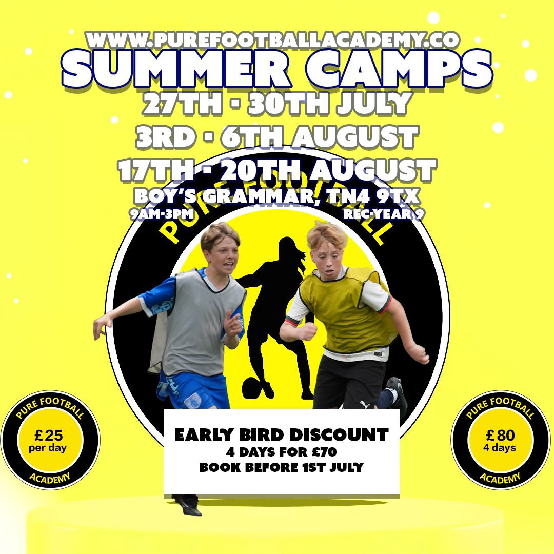 Get your Summer sorted early with not 1, not 2 but 3️⃣ Football Camps at Tunbridge Wells Grammar School for Boys
Each camp is just £70 if you book before 1st July, no discount code required
🗓️ 27th - 30th July 🗓️ 3rd - 6th August 🗓️ 17th - 20th August 🗓️
🏟️ Boys Grammar 3G 🏟️
👦🏻 Reception - Year 9 👧🏼
🏅 Prizes to be won 🏅
⚽️ Lots of football games, competitions and tournaments ⚽️
💻 Book at www.purefootballacademy.co/holidaycamp