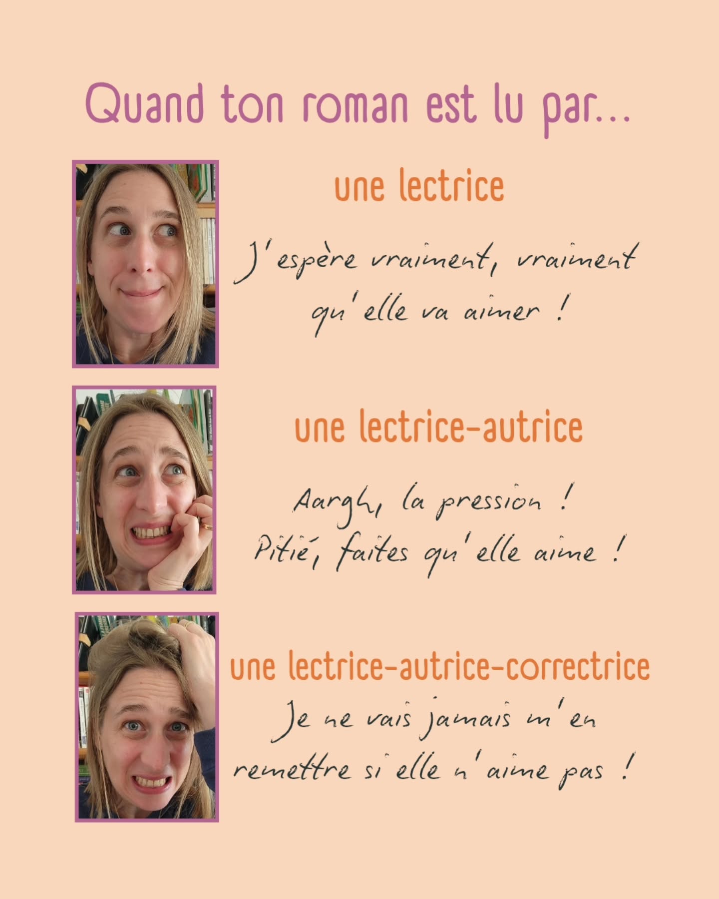 Toi aussi tu stresses dès que quelqu'un lit ton roman ? Que va-t-il ou que va-t-elle en penser ? Pourvu que mon roman lui plaise ! 😅
Récemment, plusieurs autrices m'ont lue. Pire : deux d'entre elles sont des autrices qui sont aussi correctrices (comme moi). ✒️🔍
C'est encore plus difficile de se faire relire par ses pairs, je trouve ! 😬
T'es d'accord avec moi ?