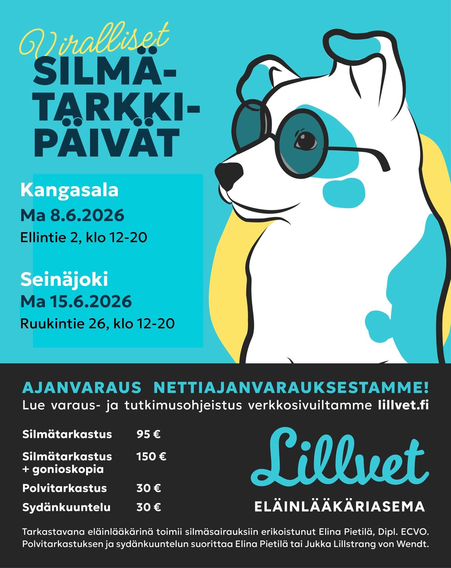 Onko koirasi virallinen silmÀtarkastus vielÀ tekemÀttÀ?
Virallisiin silmÀtarkastuksiin on vielÀ muutamia vapaita aikoja tarjolla.
Tarkastukset tekee silmÀsairauksiin erikoistunut elÀinlÀÀkÀri Elina PietilÀ, Dipl. ECVO.
đ
8.6.2026 Kangasala
đ
15.6.2026 SeinÀjoki
Varaa aika ennen kuin viimeiset ajat menevÀt:
https://my.provet.com/lillvet
