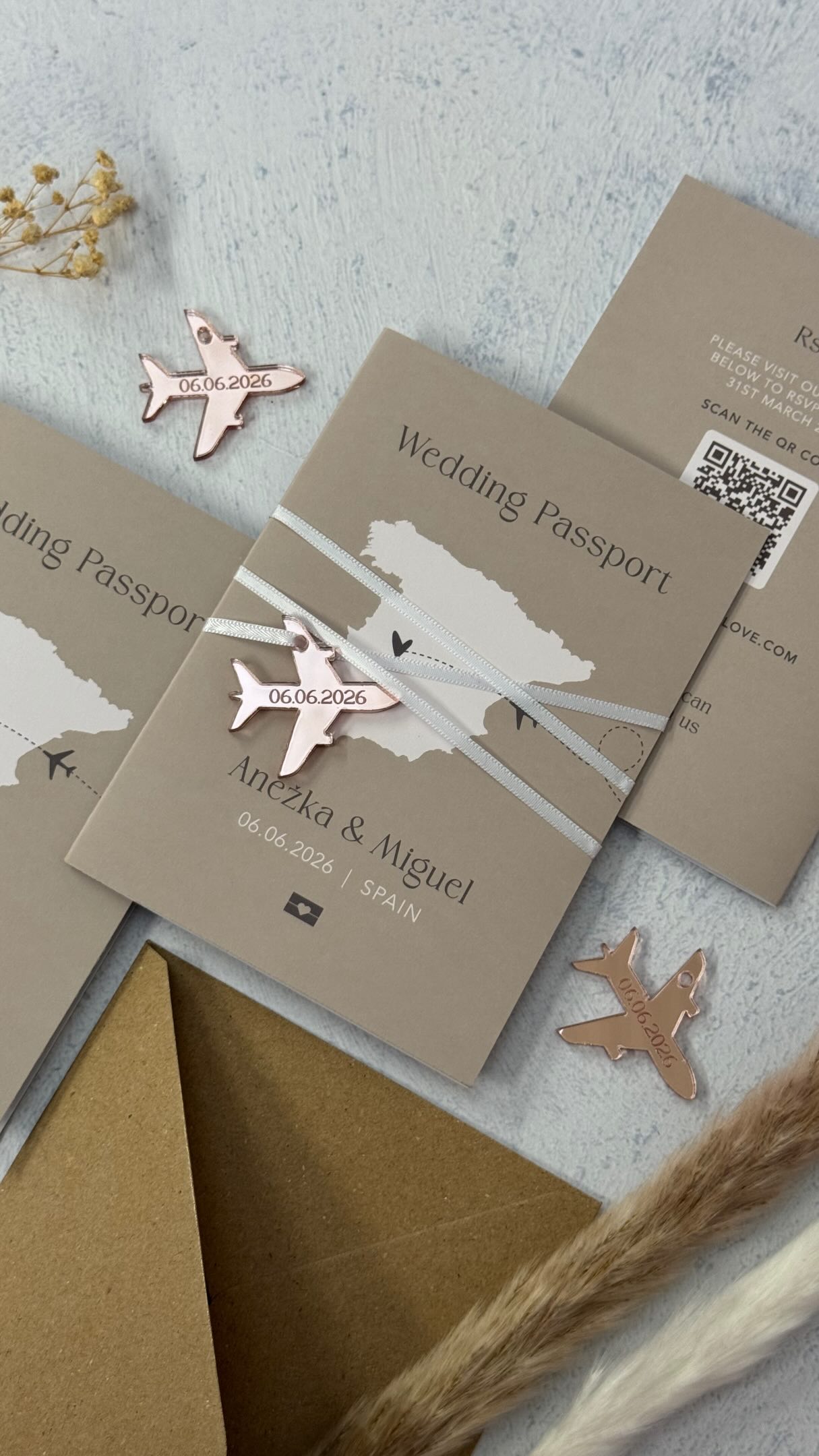 Anežka & Miguel are getting married today in beautiful sunny Spain! 💍
It was a pleasure to be part of their wedding journey and create their destination wedding invitations.
Wishing them the most magical day 💞
#destinationwedding #weddinginspo #passportinvitation #weddinginvitation #bride
Featured - beige and charcoal passport style wedding invitations, rose gold plane charms and white ribbon. Download my pricing brochure (link in bio) for more info