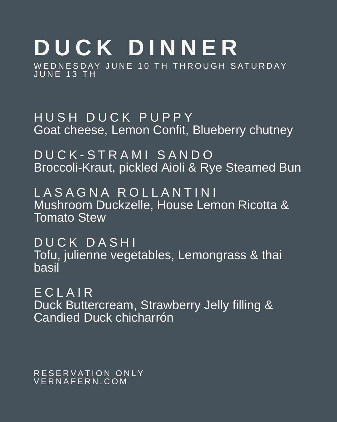 Duck Dinner — Wednesday June 10th through Saturday June 12th
Reservation only — grab your seat at vernafern.com
#buckscounty #eatinbucksco #visitbuckscounty #doylestownfoodie #duckdinner