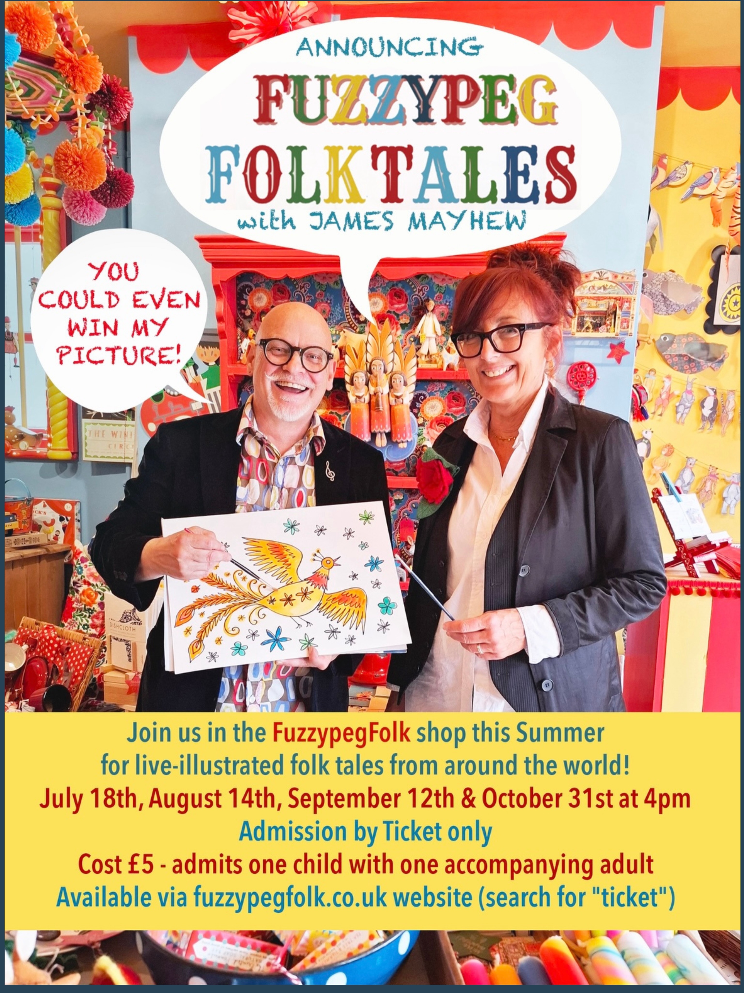 I’m so happy to announce that well-known local author and artist James Mayhew @mrjamesmayhew will be live illustrating and telling folk tales in the FuzzypegFolk shop in Bungay on selected dates throughout the summer. These are:
Saturday 18th July
Friday 14th August
Saturday 12th September
Saturday October 31st
They’ll start at 4pm and last around 45 minutes to an hour. The stories selected will be suitable for age 6+. We’ll have a little raffle at the end of each event with James’s live illustration as the prize!
These are ticketed events due to the limited space in the shop! Tickets cost £5 for one child accompanied by one adult. They’re available to buy for each specific date either in the shop or via the FuzzypegFolk website - link in bio - ( on Stationery page - search for “ticket”)
Make sure you select the ticket with the correct date!
Can’t wait!
#bungay #bungaysuffolk #storytelling #liveillustration