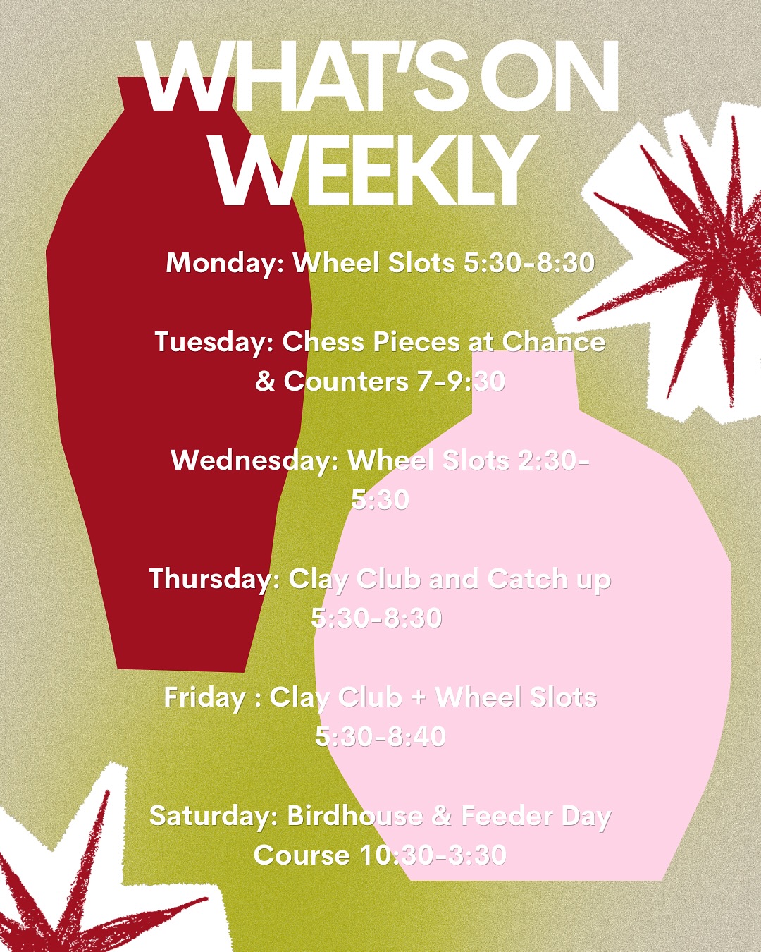 ✨a slow start to Monday after a whopping week and weekend!✨
✨we celebrated our 4 birthday party and partied the only way we know how- a 4 year olds birthday party ofc! Plus we bound our own sketchbooks for all our pottery ideas!✨
✨we’re so happy to still be seeing so many new faces come through the doors as well as so many we can now call friends 🫶🏻✨
✨come and join our community and get stuck into this weeks offerings: we have the ever popular chess piece making workshop @chanceandcounters as well as our next day course- this time we’re making birdhouses AND birdfeeders.✨
✨our day courses are a great way to connect to people just like yourselves and try both handbuilding and wheel throwing✨