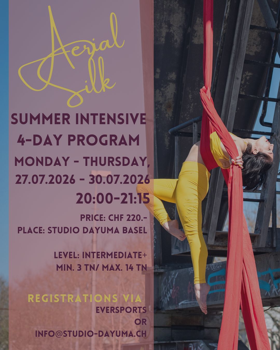 Aerial Silks Summer Intensive | 4-Day Program
📆 27.-30. Juli 2026 | Montag - Donnerstags | 20:00 - 21:30 Uhr (im Post steht versehntlich falsche Uhrzeit!)
Level: Intermediate +
Milena @milamar.aerial bringt verschiedene Optionen, Anpassungen und Challenges mit, sodass alle Teilnehmenden auf ihrem individuellen Level trainieren können. So bleibt es für erfahrene Silkies spannend und bietet gleichzeitig genügend Raum, um für neue Silkies neue Skills Schritt für Schritt, ohne Druck aufzubauen.
💸 4 Tages Ticket: 220 Chf
Um die Gruppe und den gemeinsamen Aufbau über alle vier Tage zu fördern, werden zunächst ausschliesslich 4-Tages-Tickets angeboten. Falls freie Plätze verfügbar sind, werden Einzeltickets ab dem 1. Juli freigeschaltet
Diese Sommerpause musst du dein Aerial-Training nicht pausieren, nutze die Zeit, um deine Skills zu verfeinern und deinen ganz eigenen Flow am Silk zu entdecken. Freu dich auf wertvolle Inputs von der Zirkusartistin Milena Hansen
Tag 1: Rolls & Inversions
Wir starten mit verschiedenen Roll-Techniken und Inversions im Tuch, technisch, kraftvoll und mit vielen Variationsmöglichkeiten. Gemeinsam arbeiten wir an sauberer Ausführung, Körperkontrolle und spannenden Übergängen.
Mitbringen: Anliegendes langarm Shirt und Leggings empfohlen.
Tag 2: Spin the Silk
Heute wird gespinnt: Wir tauchen in die Welt des Spinnings am Tuch. Du lernst fliessende EIingänge um die Drehung am Tuch beibeahlten zu können und das besondere Gefühl, Bewegungen im drehenden Tuch fliessen zu lassen. Lerne Spins zu kontrollieren und neue Bewegungsqualitäten zu entdecken.
Tag 3: Flow & Transitions
An diesem Tag liegt der Fokus auf fliessenden Kombinationen und kreativen Übergängen. Gemeinsam verbinden wir bekannte Elemente zu harmonischen Sequenzen und arbeiten an mehr Flow im Tuch.
Tag 4: Creative LAB
Zum Abschluss bekommst du Raum, das Gelernte kreativ umzusetzen. Mit angeleiteten Übungen experimentierst du mit Bewegungen, entwickelst deinen persönlichen Stil weiter und gibst deinem Flow eine ganz eigene Note.
👇 English version below! 👇
#SummerIntensive #AerialSilk #Studiodayuma