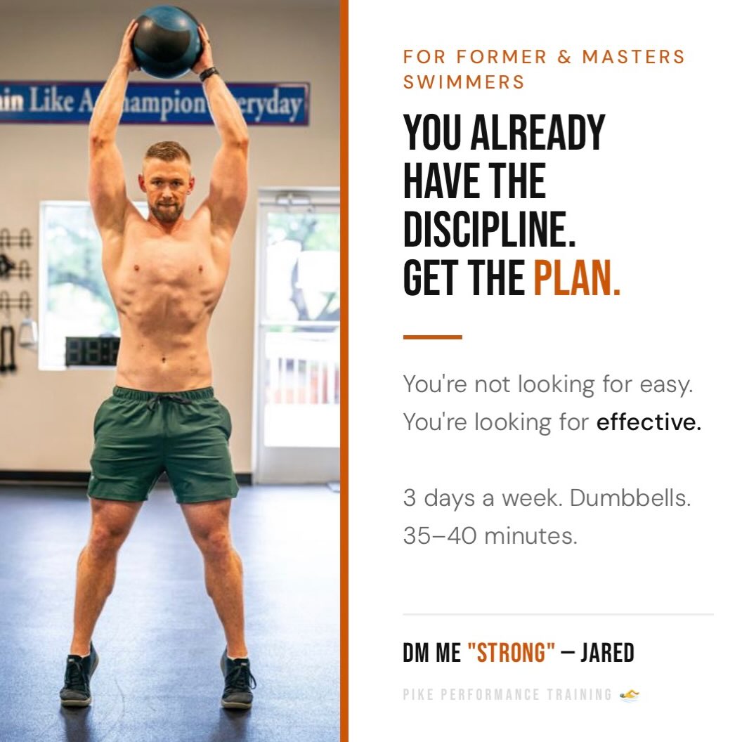 The discipline.
The mindset.
The ability to show up when it’s hard.
That didn’t leave when you left the pool.
What left was the structure.
The coach.
The program designed around your body and your goals.
You don’t need motivation.
You’ve never needed motivation.
You need a plan built for who you are right now — not who you were at 18, and not some generic program built for someone who has never touched a black line.
3 days a week. 35–40 minutes.
Dumbbells and a real plan.
That’s it.
DM me “STRONG” and let’s get started. 🏊♂️