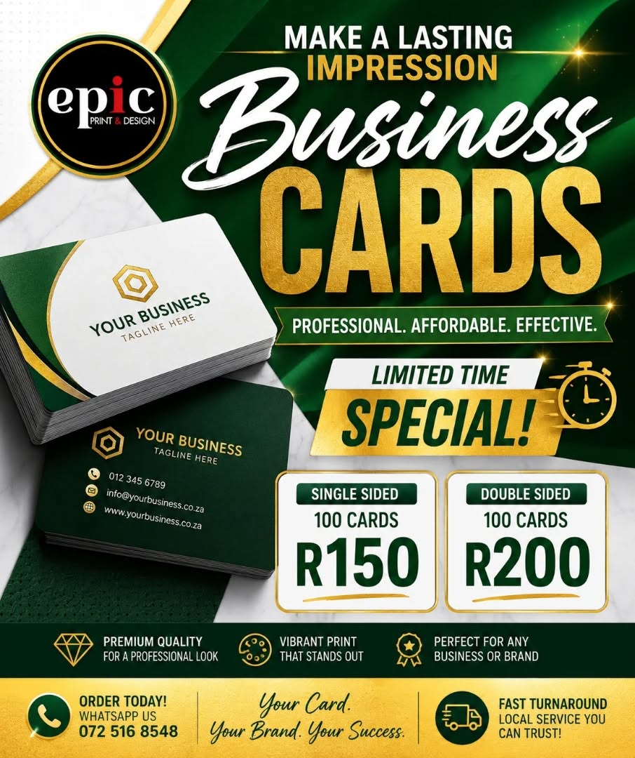 Make your move. Make your mark.
Business cards that hit hard and stand out.
LIMITED TIME
100 cards from R150
WhatsApp 0725168548
#epicprint #businesscards #rugbyseason #muizenberg
#printshop