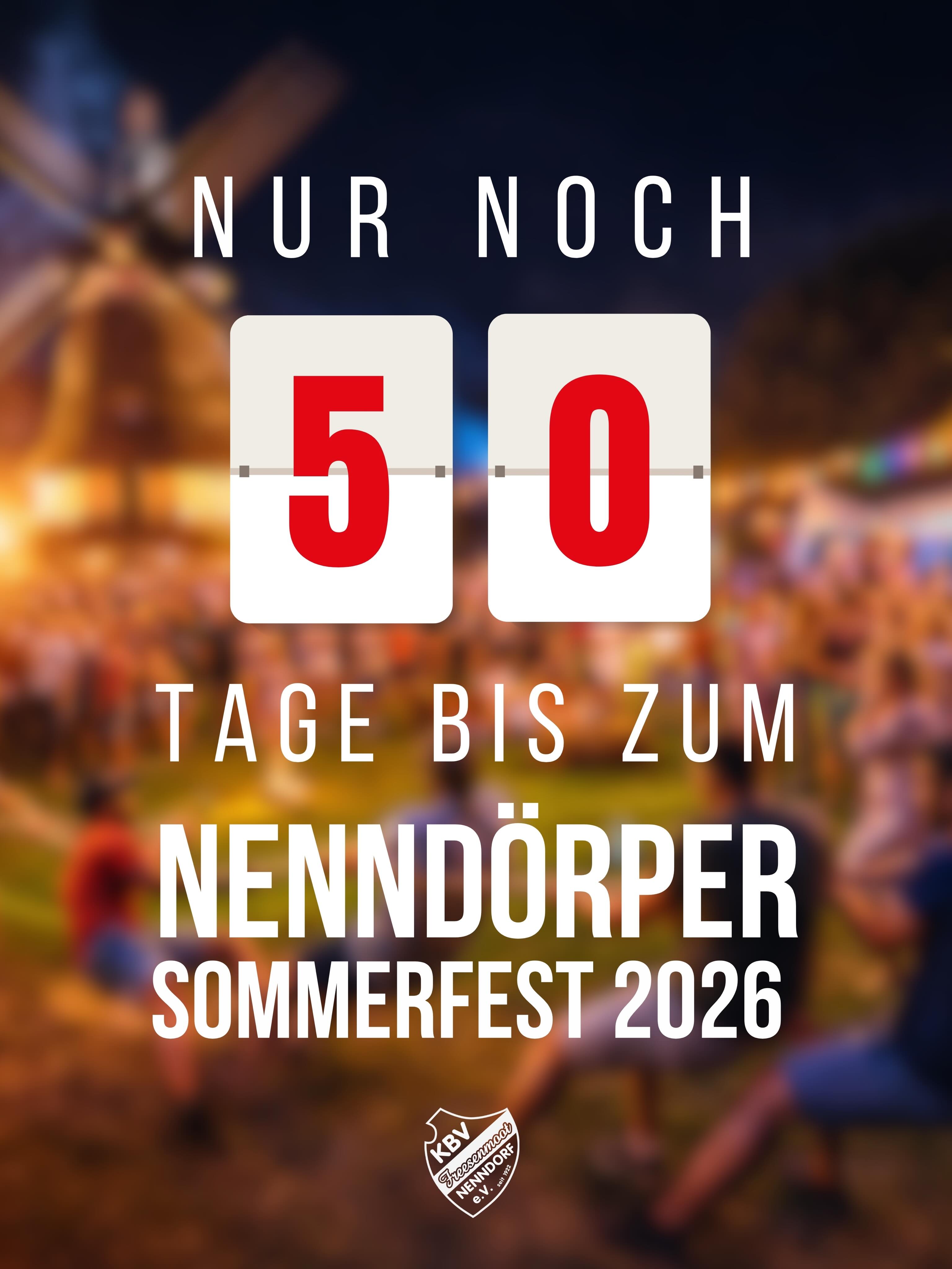 Leute, die Zeit fliegt! 🔥 In nur noch 50 Tagen ist es endlich soweit: SOMMERFEST 2026 – und wir sehen uns alle wieder! ☀️🍻
Schon bald fliegt das Tau wieder über die Wiese, die Teams geben alles und wir feiern gemeinsam unser absolutes Highlight des Sommers. 💪
Also: Termin (25.07.2026) fett im Kalender markieren und die Vorfreude richtig hochdrehen! 📅🚀
Die Anmeldungen für die Tauzieh-Mannschaften starten ebenfalls bald – alle Infos zum genauen Start bekommt ihr natürlich rechtzeitig von uns.
#sommerfest #sommerfest2026 #kbvnenndorf #freesenmoot #countdown