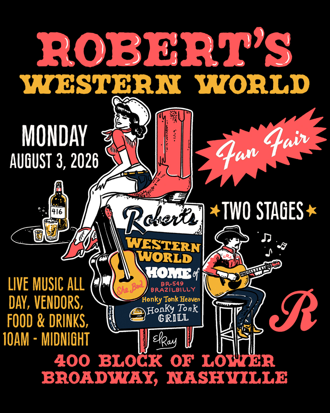 All right festival goers and Nashville natives, we have an invitation for you. On Monday, August 3, we will be holding our 3rd annual Fan Fair. That's where we take over the 400 Block of Lower Broadway and set up stages at each end of the street and celebrate the music that made Music City. From 10am to midnight we will have non-stop traditional country music, vendors, fried bologna sandwiches and plenty of cold beverages. We hope you can join us in the festivities and celebration.
🎨 @elrayartist
#3rdannual #fanfair #traditionalcountrymusic #honkytonk #celebration
