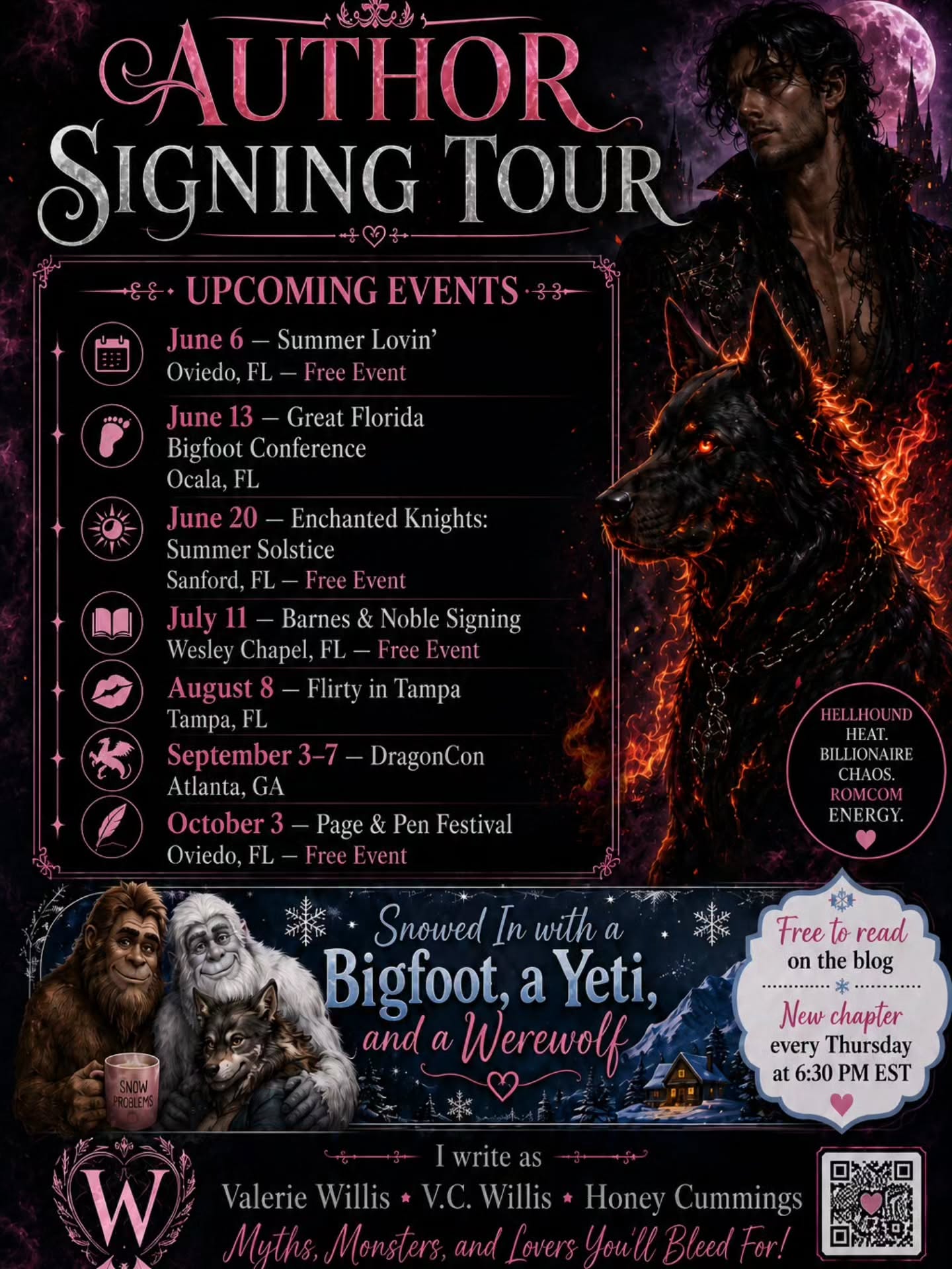 📚✨ Florida, Georgia, and beyond... I'm hitting the road!
Looking for your next mythical romance obsession? Come find me at one of my upcoming author events and book signings! I'll be bringing signed books from Valerie Willis, V.C. Willis, and Honey Cummings, along with monster romance, dark fantasy, paranormal adventures, mythology, cryptids, exclusive goodies, and plenty of opportunities to geek out about books.
Better yet, several of these events are FREE to attend! Whether you're into vampires, demons, antiheroes, monster lovers, forbidden magic, or chaotic paranormal romcoms, there's something waiting for you at my table.
Swing by, say hello, grab a signed book, and let's talk myths, monsters, and the characters we probably shouldn't love but absolutely do. ❤️
Which event will I see you at?
#BookTok #FantasyBooks #ParanormalRomance #IndieAuthor #Romantasy