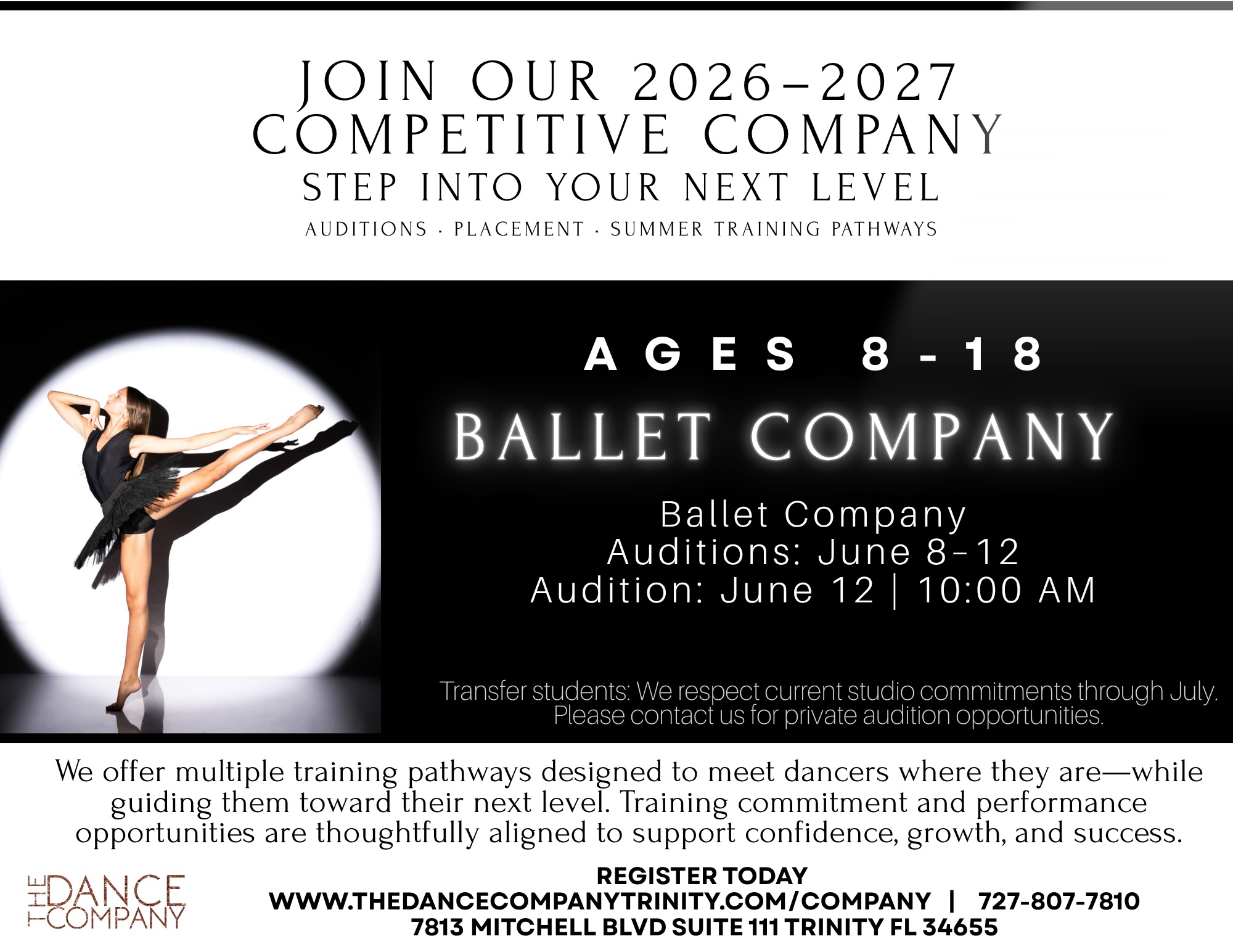 🩰✨ BALLET COMPANY AUDITIONS ARE THIS FRIDAY! ✨🩰
For dancers who dream of taking their ballet training to the next level, this is your opportunity. Join our intensive June 8-11, 5:30-8:30.
The TDC Ballet Company is designed for dedicated dancers seeking focused classical training, performance opportunities, artistic growth, and a community of dancers committed to excellence.
Whether your goals include strengthening technique, performing classical repertoire, attending summer intensives, pursuing collegiate dance, or simply challenging yourself to grow, Ballet Company provides an environment where dancers can thrive.
📅 Auditions- Friday, June 12
🕘 10:00 AM
📍 The Dance Company Trinity
Dancers should arrive prepared to work hard, learn, and show their passion for ballet.
Ready to take the next step in your ballet journey?
Register here:
https://app.gostudiopro.com/online/innovativestudiostrinity
🩰 Learn. Create. Share. Grow.
#TDCTrinity #BalletCompany #BalletAuditions #FutureBallerina #DanceTraining ClassicalBallet DanceLife LearnCreateShareGrow