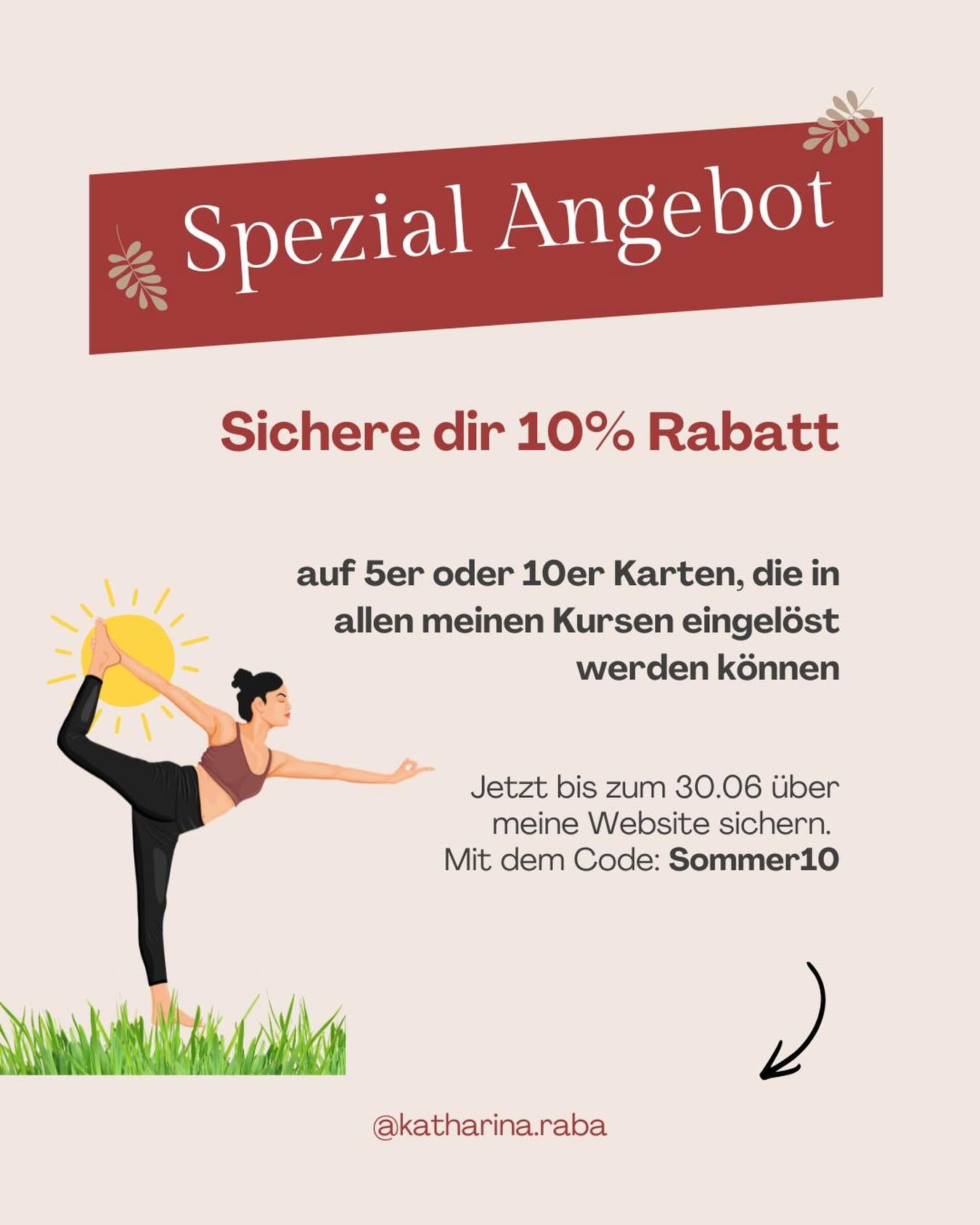 Hier auf Sylt merke ich, wie gut Bewegung, frische Luft und kleine Auszeiten tun.
Genau dieses Gefühl möchte ich mit euch teilen. 🌾☀️
Deshalb gibt es bis zum 30.06. 10 % Rabatt auf meine 5er- und 10er-Karten. So kannst du ganz flexibel an meinen Kursen teilnehmen und dir regelmäßig Zeit für dich schenken.
Mit dem Code SOMMER10 sicherst du dir den Rabatt über meine Website.
Ich freue mich darauf, gemeinsam mit euch Kraft zu tanken, durchzuatmen und den Sommer bewusst zu genießen. 💛