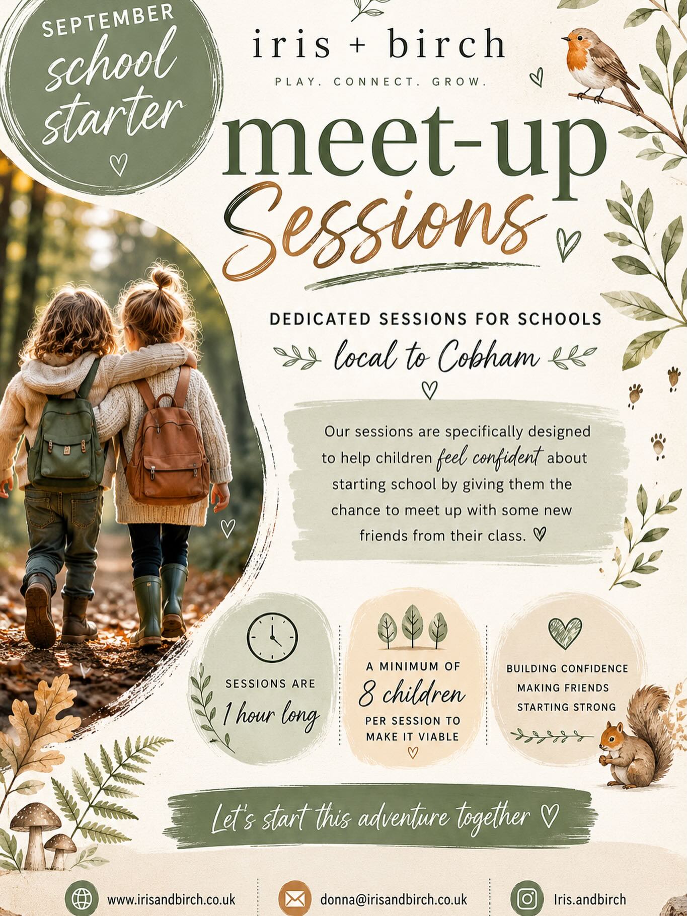 Is your child starting school this September? 🎒
As children prepare for the exciting transition into Reception this September, we are offering dedicated New Reception Woodland Meet-Up Sessions during the summer holidays for children who will be starting school together 👧🏼🧒🏽👦🏻👩🏻🦰
These small-group sessions are designed to help children build confidence, make new friendships and become familiar with some of the new faces they will see when they begin school in September. Meeting future classmates in a relaxed outdoor environment can help ease anxieties and support a positive start to school life.
Sessions are priced at £7.50 per child and will run subject to a minimum of 8 bookings. Spaces are limited, and bookings will be allocated on a first-come, first-served basis.
Our sessions:
🏫 Are specifically organised for children attending the same school
⏰ Last 1 hour
🌳 Take place in our beautiful woodland setting
🪵 Include nature-based play, games and activities
✨ Encourage confidence, independence and social connections.
Please reach out for more information and tag any friends you know with little ones starting school in this post, we want to get as many little ones meeting their needs class friends this summer to help make that transition a little easier. Not just for them but for you as parents too, as I know all too well as a parent myself how daunting and scary the prospect of your little ones starting school can be.
#startingschool #newfriends #surreyschools #earlyyears
