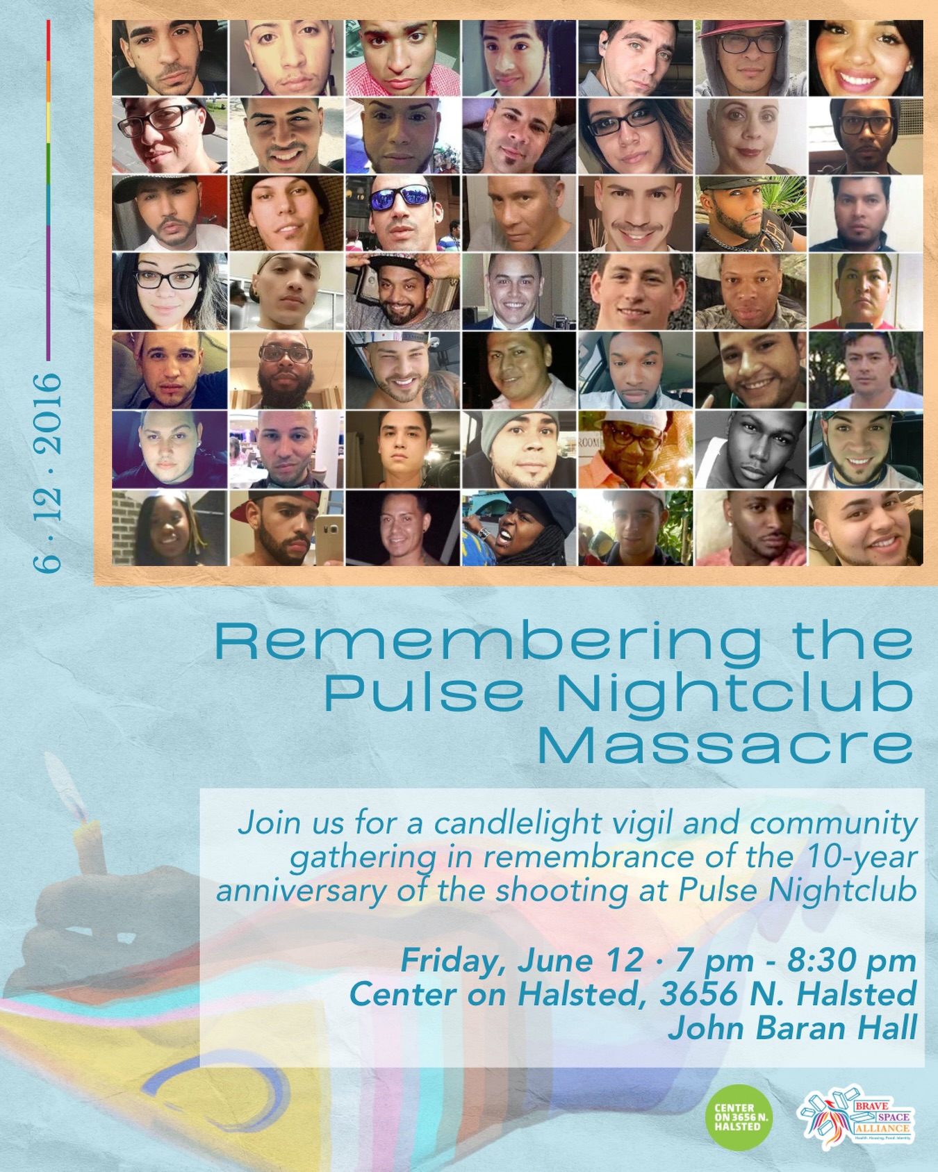 Join BSA and @center_on_halsted for a vigil in remembrance of the 10-year anniversary of the shooting at Pulse Nightclub on June 12, 2016 🤍🕯️
This tragedy took the lives of 49 members of the queer community and impacted the queer community at large in ways still present in the lives of many today. We invite you to share a moment of grief, strength, solidarity, and healing with us next Friday, June 12, from 7 pm - 8:30 pm in Center on Halsted’s John Baran Hall.
Together, we will speak their names, honor their memory, and share in a space of reflection and community healing.
📅 Friday, June 12, 7 pm - 8:30 pm
📍 Center on Halsted, 3656 N Halsted
#vigil #pride